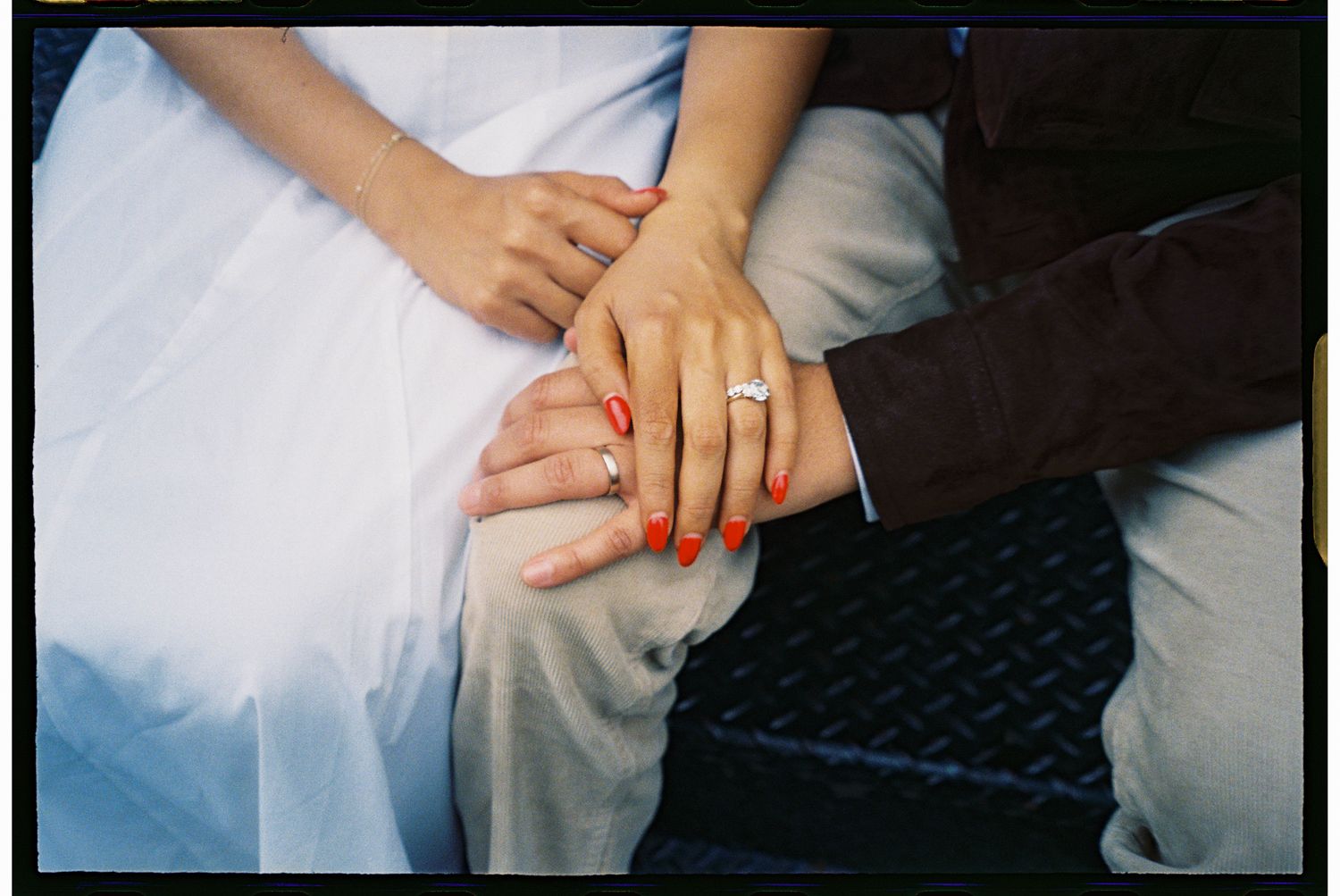 A series of intimate wedding photos showing hands with rings, embraces, and romantic moments in soft lighting.