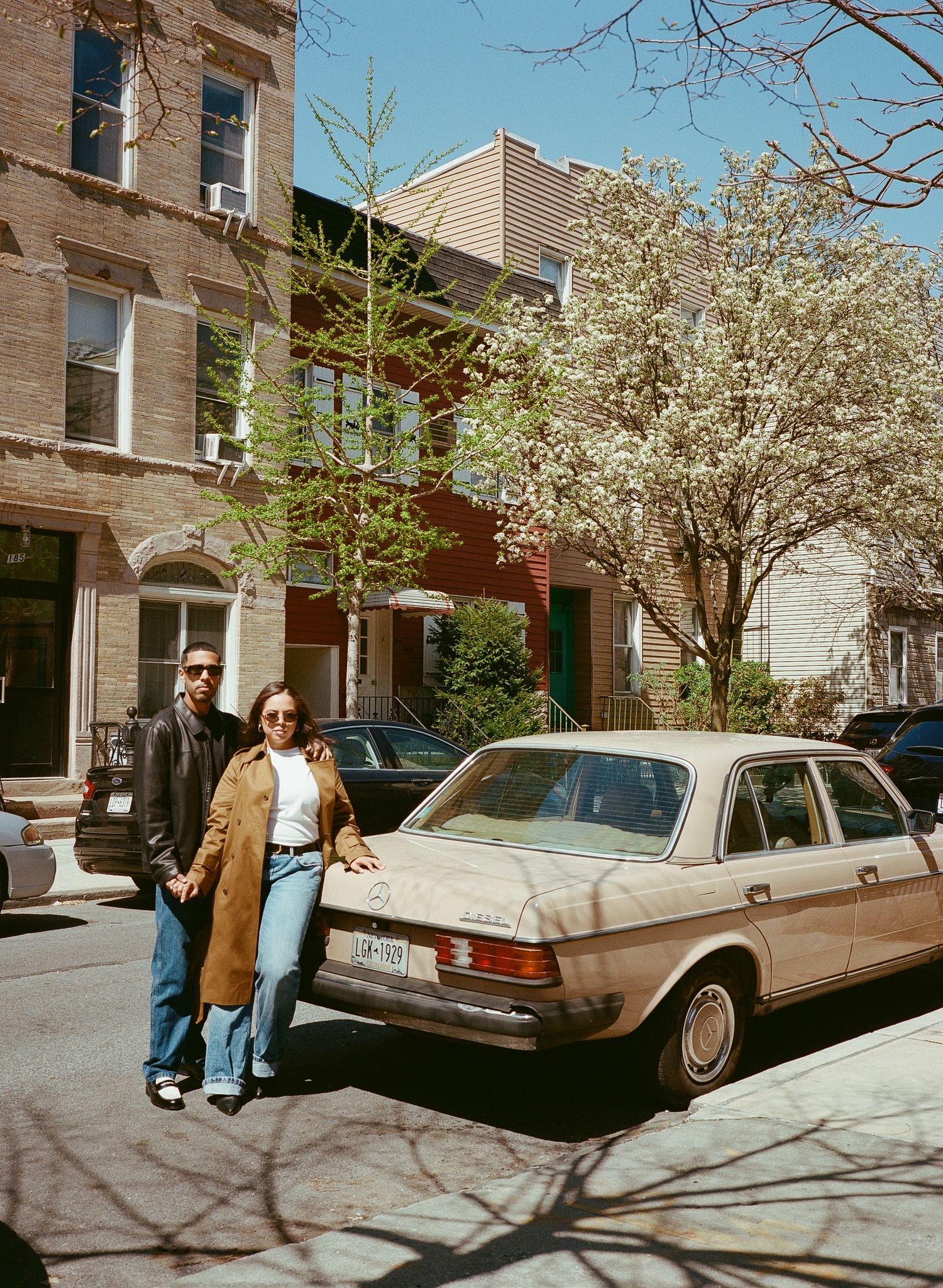 A panoramic series of vintage cars parked along a tree-lined urban street with blooming spring trees.
