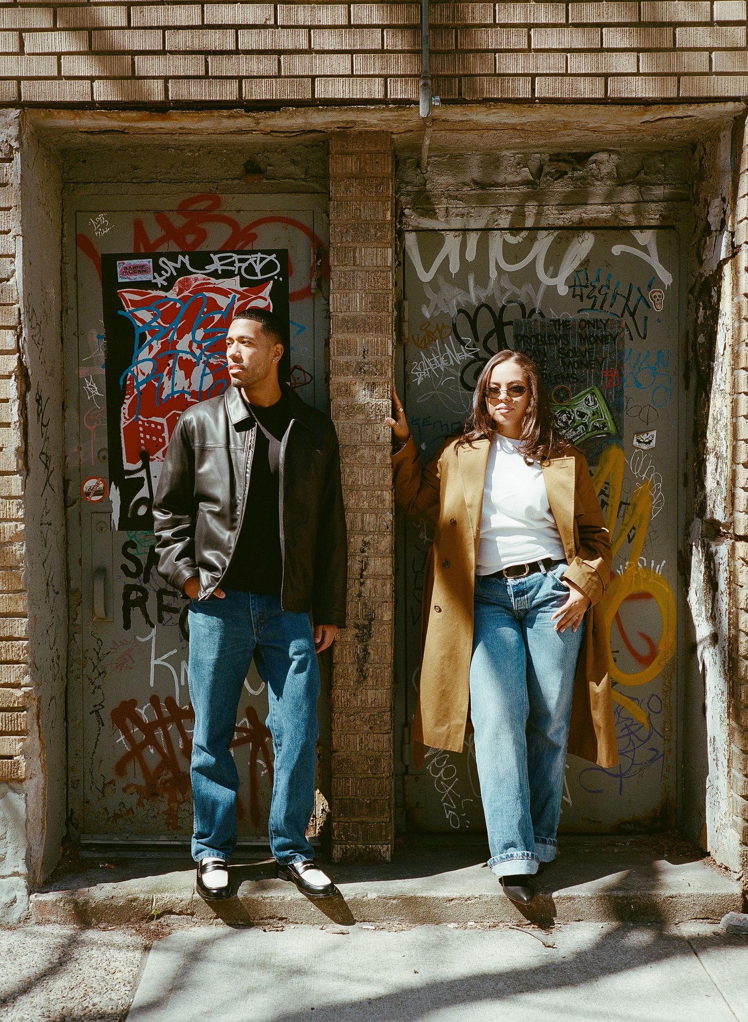 Artistic photo sequence showing people posing in brick doorways with graffiti, creating a dynamic urban composition.