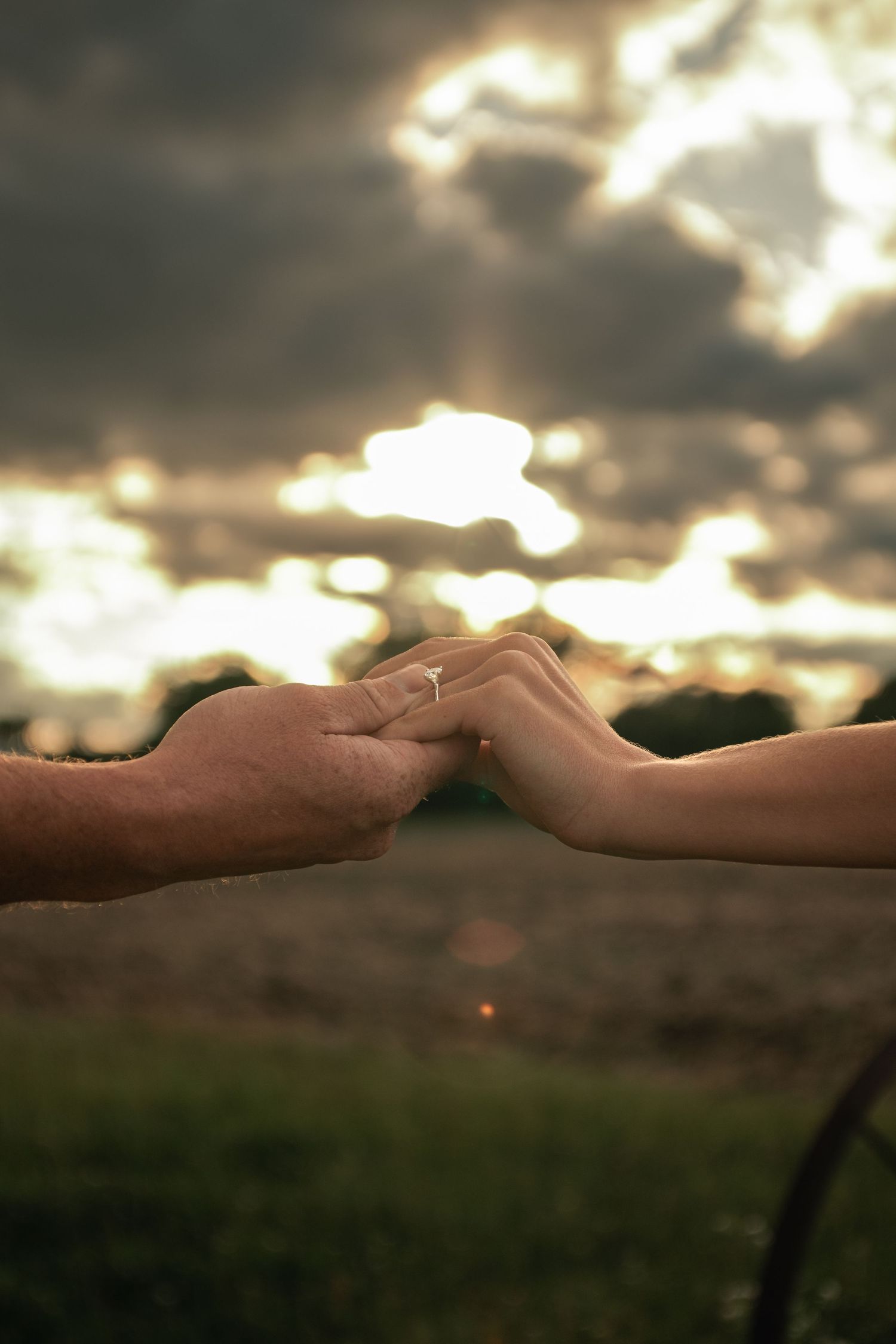 Close up ring photo taken during an engagement session at Willow Creek Farm in Urbana, Illinois with dramatic backlit golden hour light