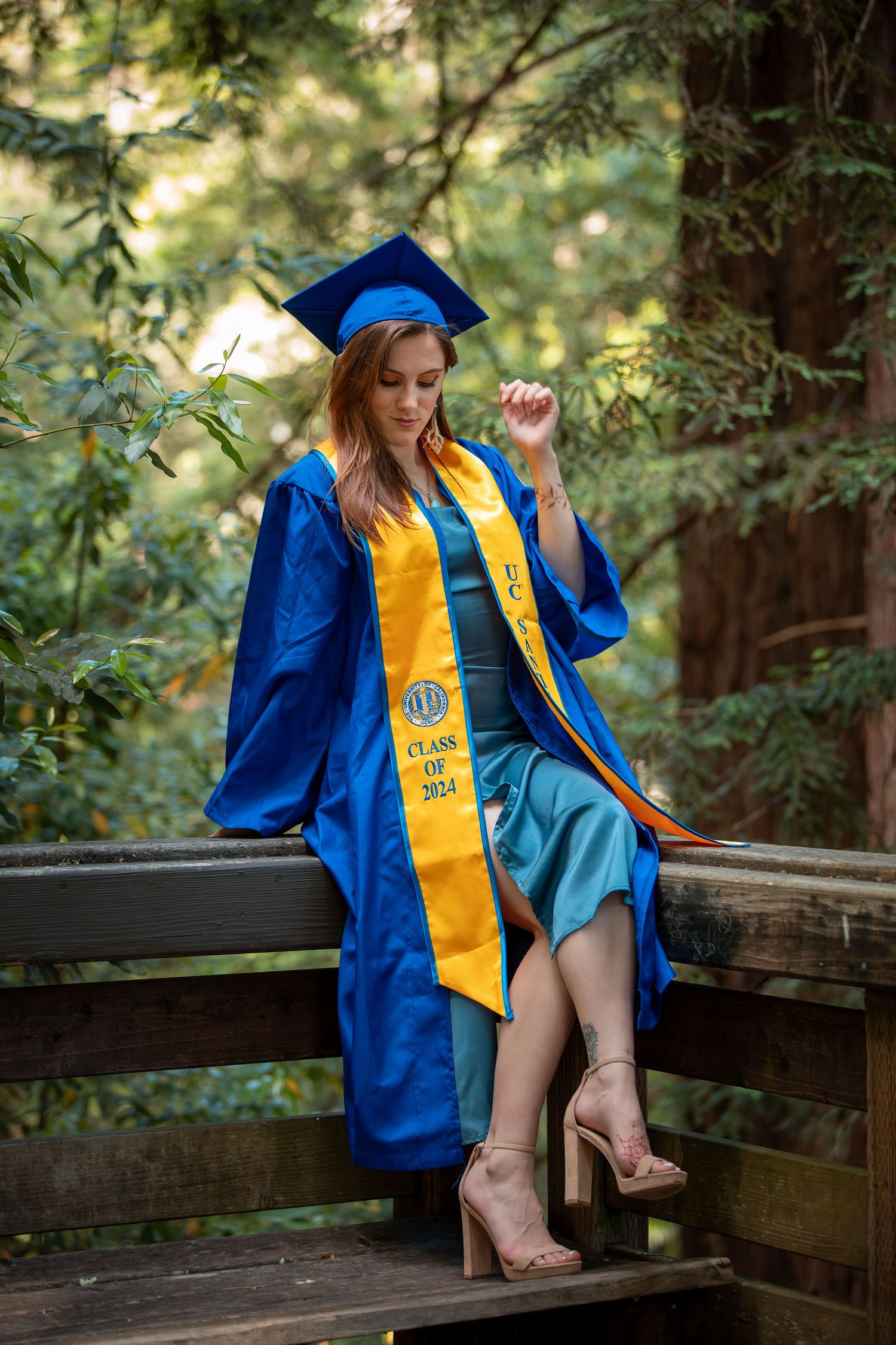Graduate in blue cap and gown poses thoughtfully on wooden bench surrounded by lush greenery.