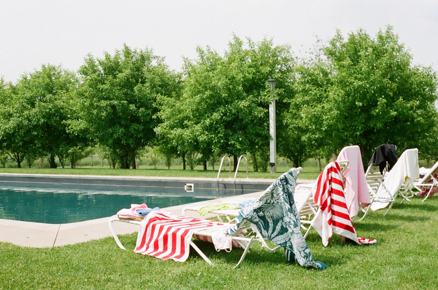 Colorful striped towels draped over white lounge chairs beside a serene outdoor pool surrounded by lush green trees.