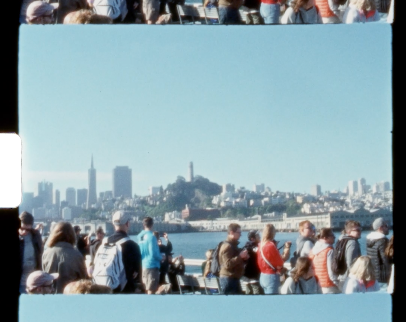 San Francisco skyline view with Alcatraz Island visible in the distance shot on super 8mm film