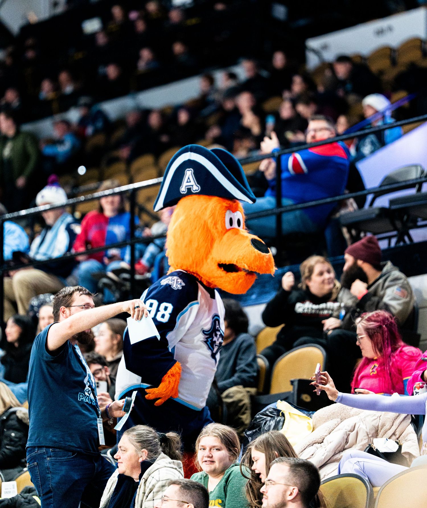 Crowd watches hockey game with team mascot entertaining fans in the stands.