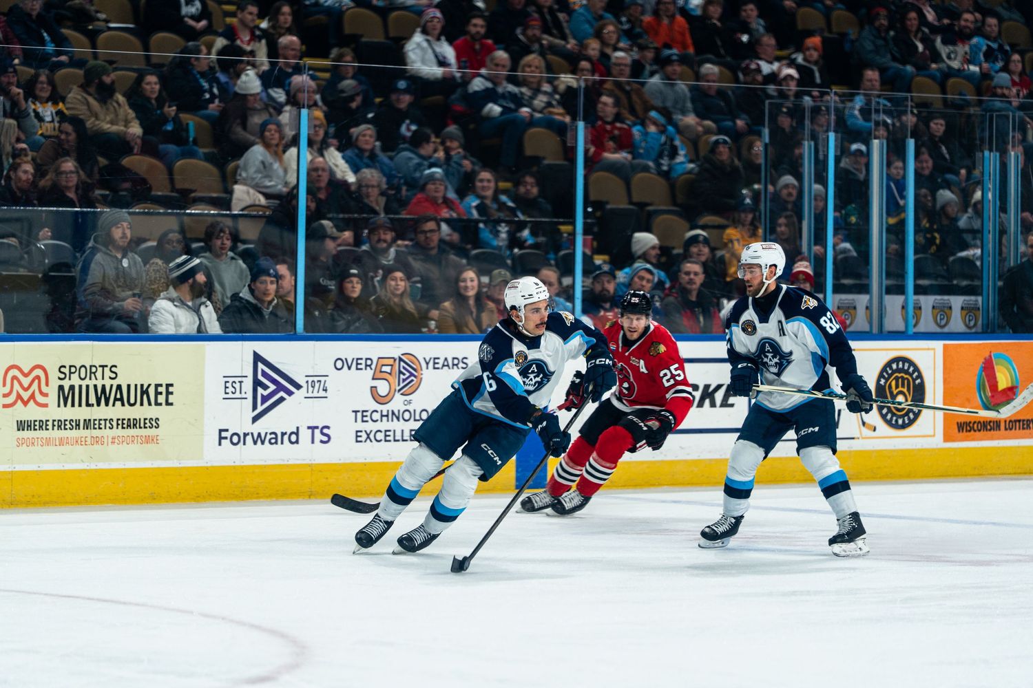 Hockey players battle along the boards during a competitive AHL match.