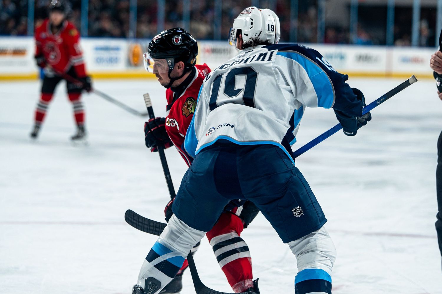 Close-up action shot of hockey players battling for puck possession on the ice.