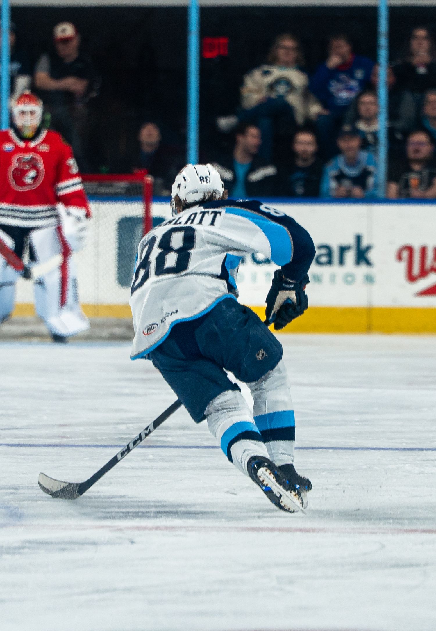 Hockey player dives across the ice to make a dramatic sliding save during an intense game.