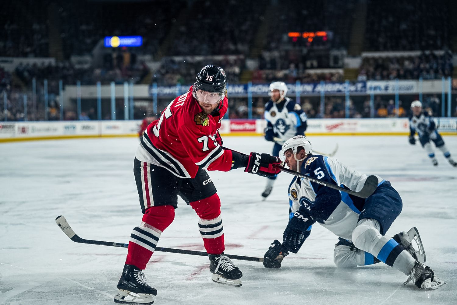 A hockey player in a red jersey makes a diving play on the ice during an intense game.