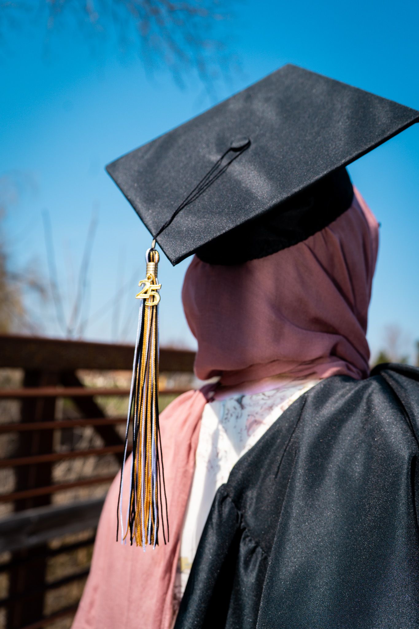 Graduation cap with gold tassel shown in profile against blue sky background.