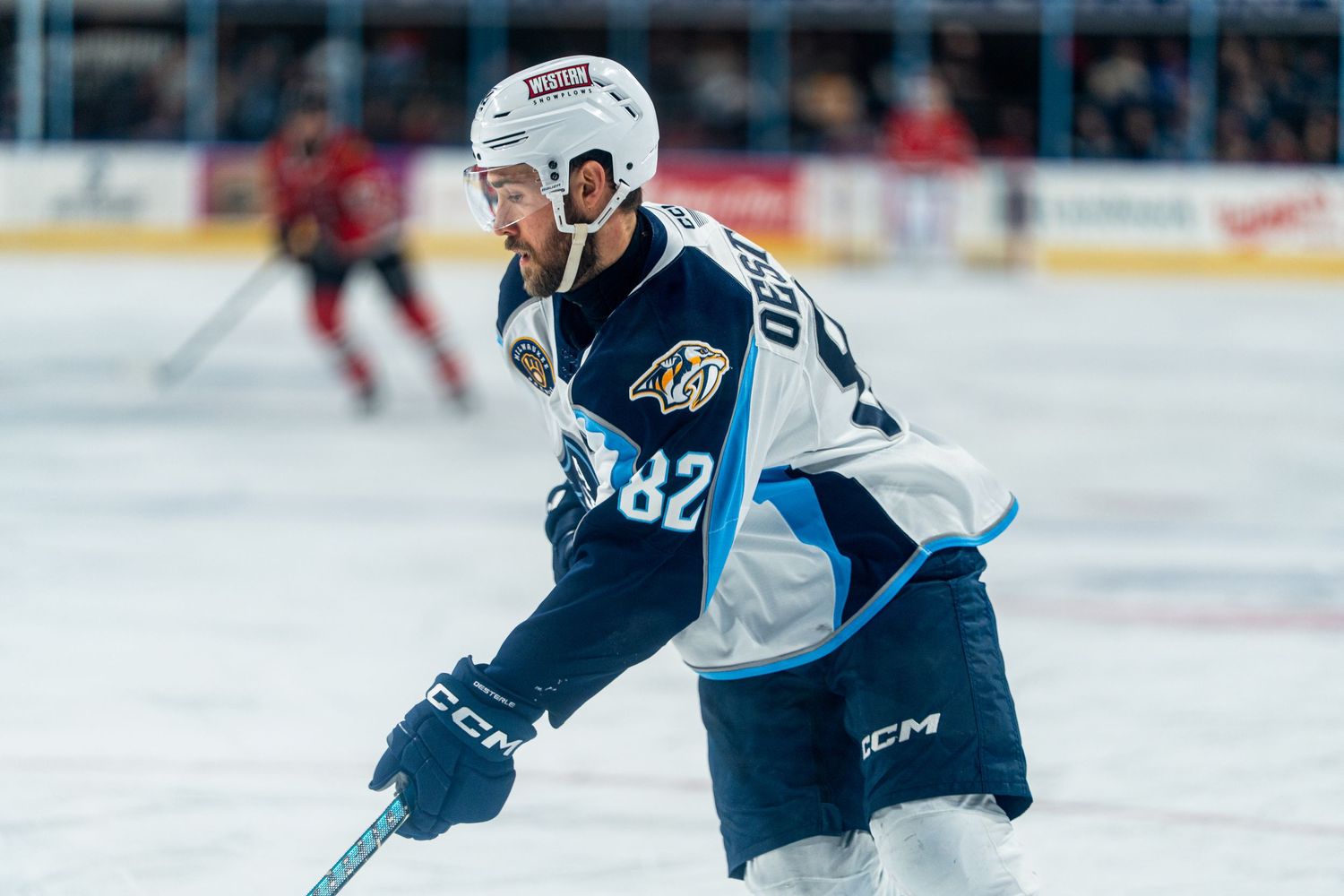 Hockey players in navy blue jerseys compete during a professional match.