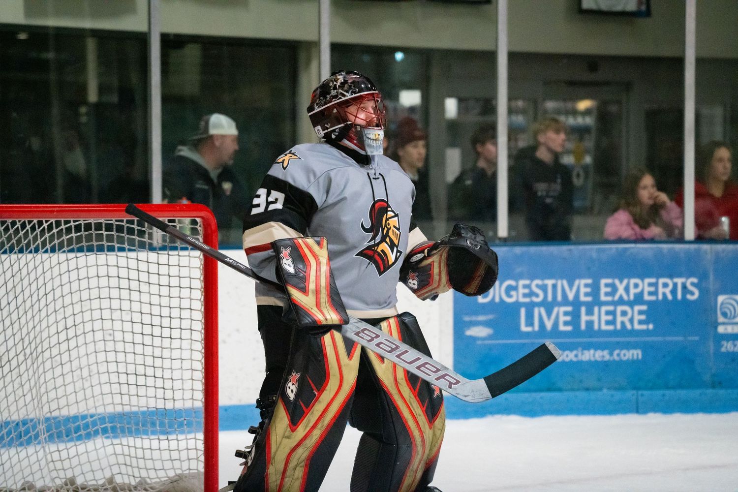 Hockey goalie in protective gear stands ready in front of the net.