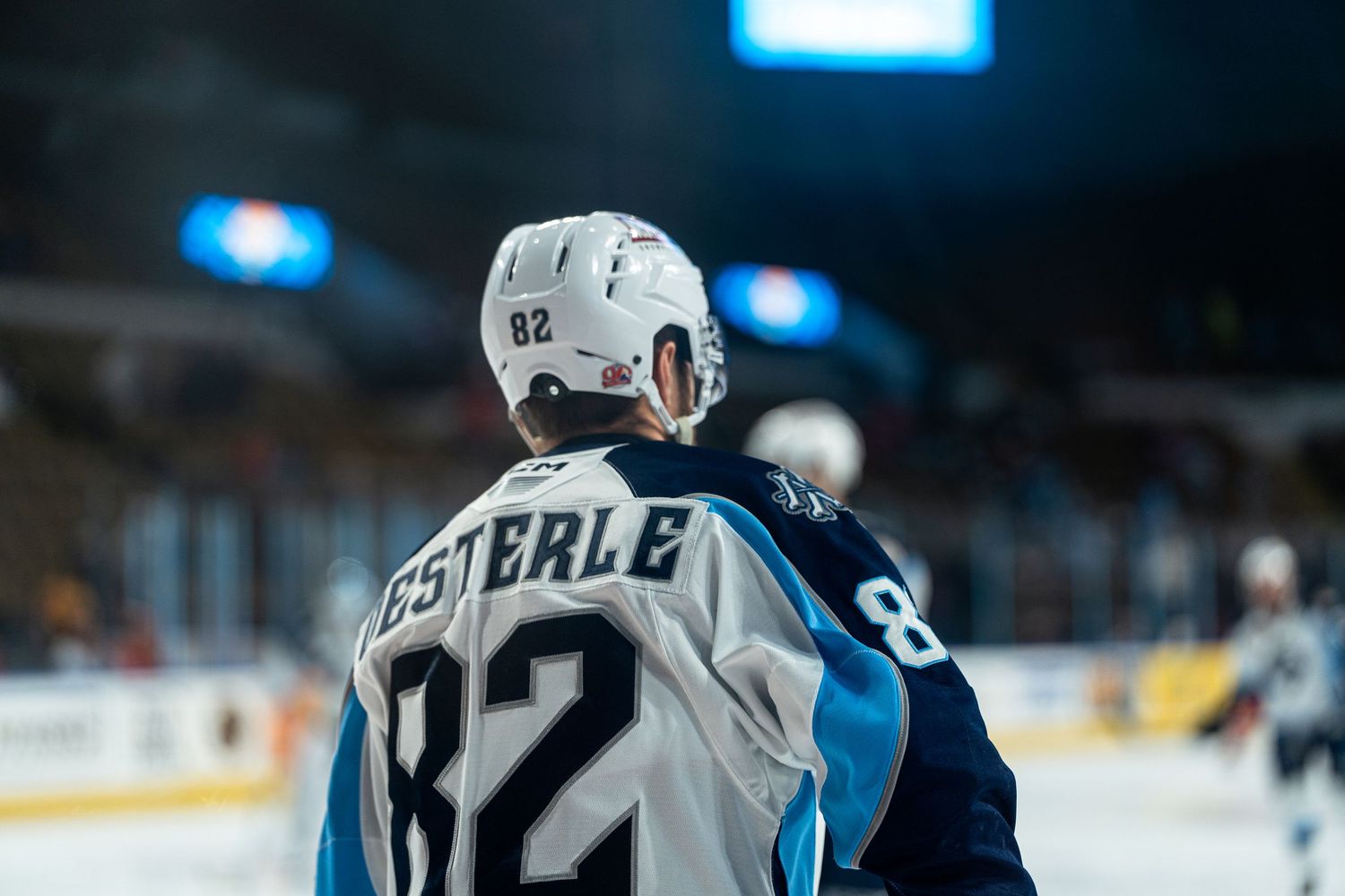 Professional hockey players in white and blue jerseys face off during a game.