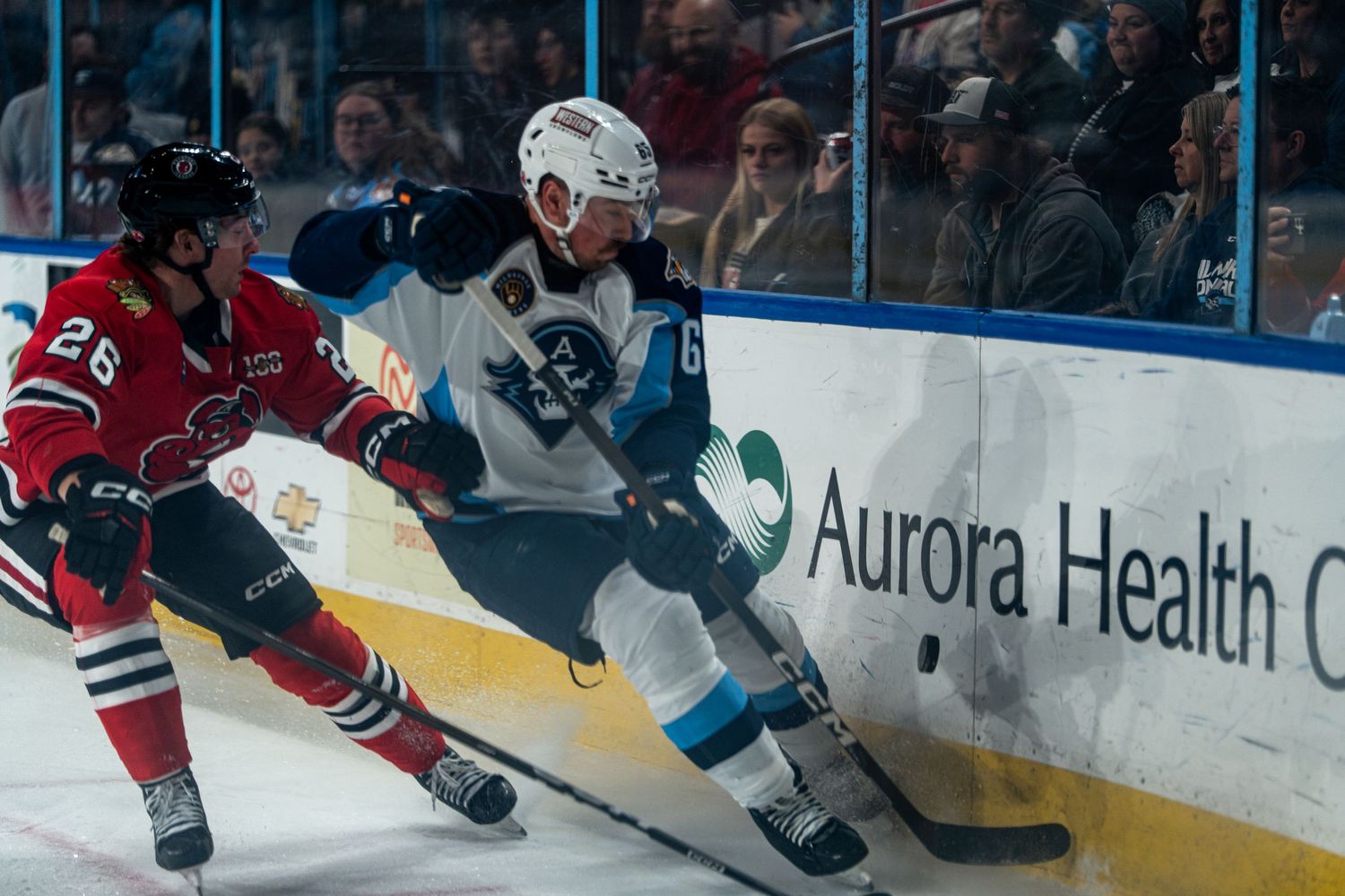 Professional hockey players battle for the puck along the boards during an intense game.