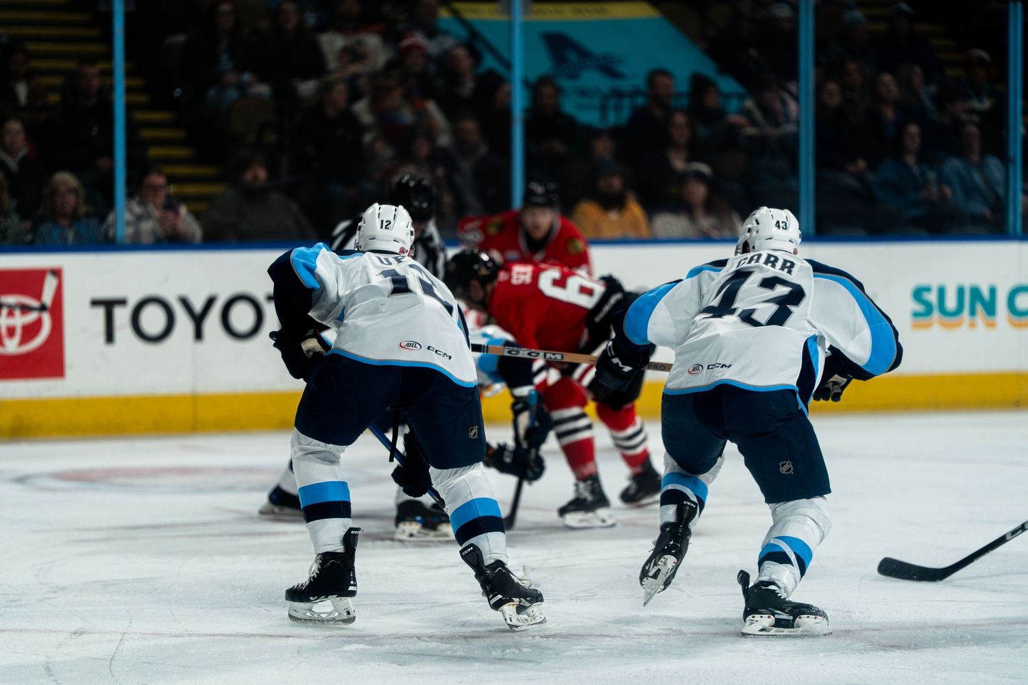 Players battle for position during a professional hockey match.
