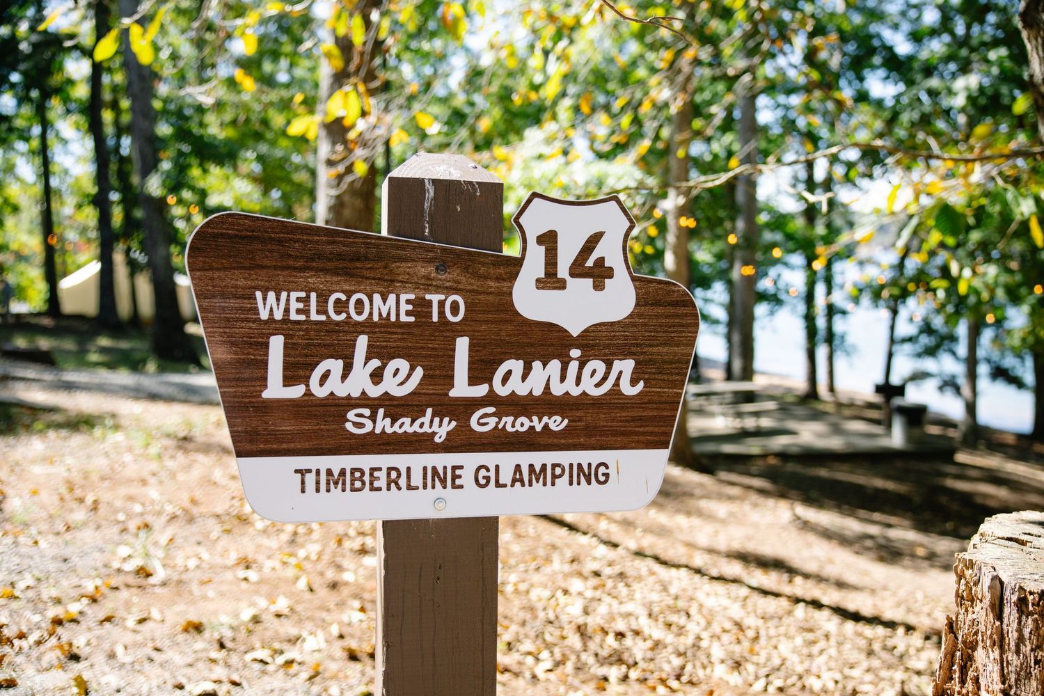 Wooden welcome sign for Lake Lanier Timberline Landing with trees and water in the background.