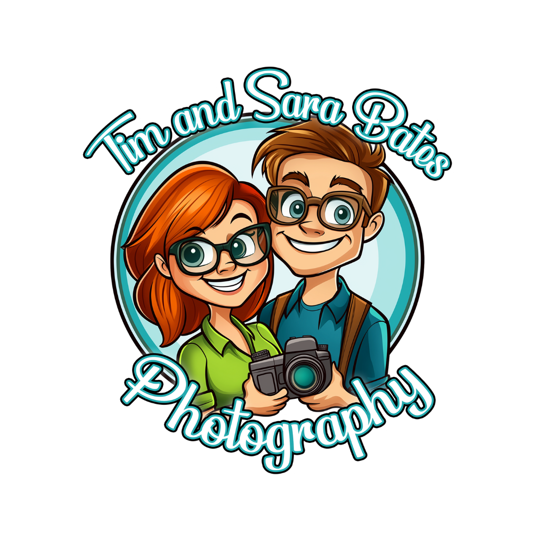 Cartoon logo of Tim and Sara Bates Photography featuring animated couple with camera.