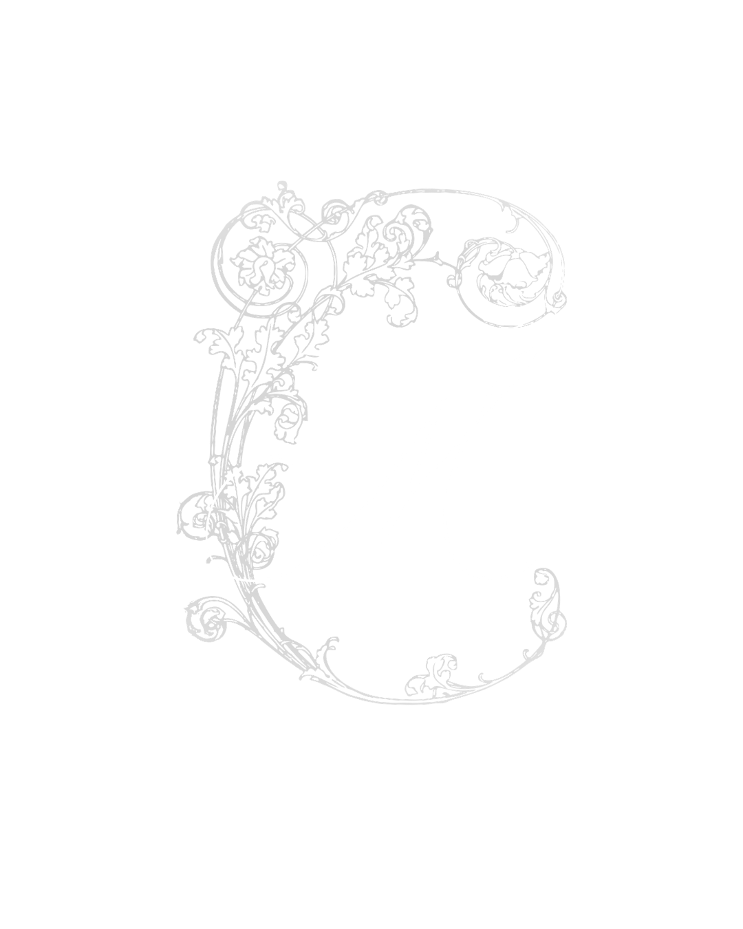 Ornate decorative letter C with intricate floral and scroll filigree design in light gray on white background.