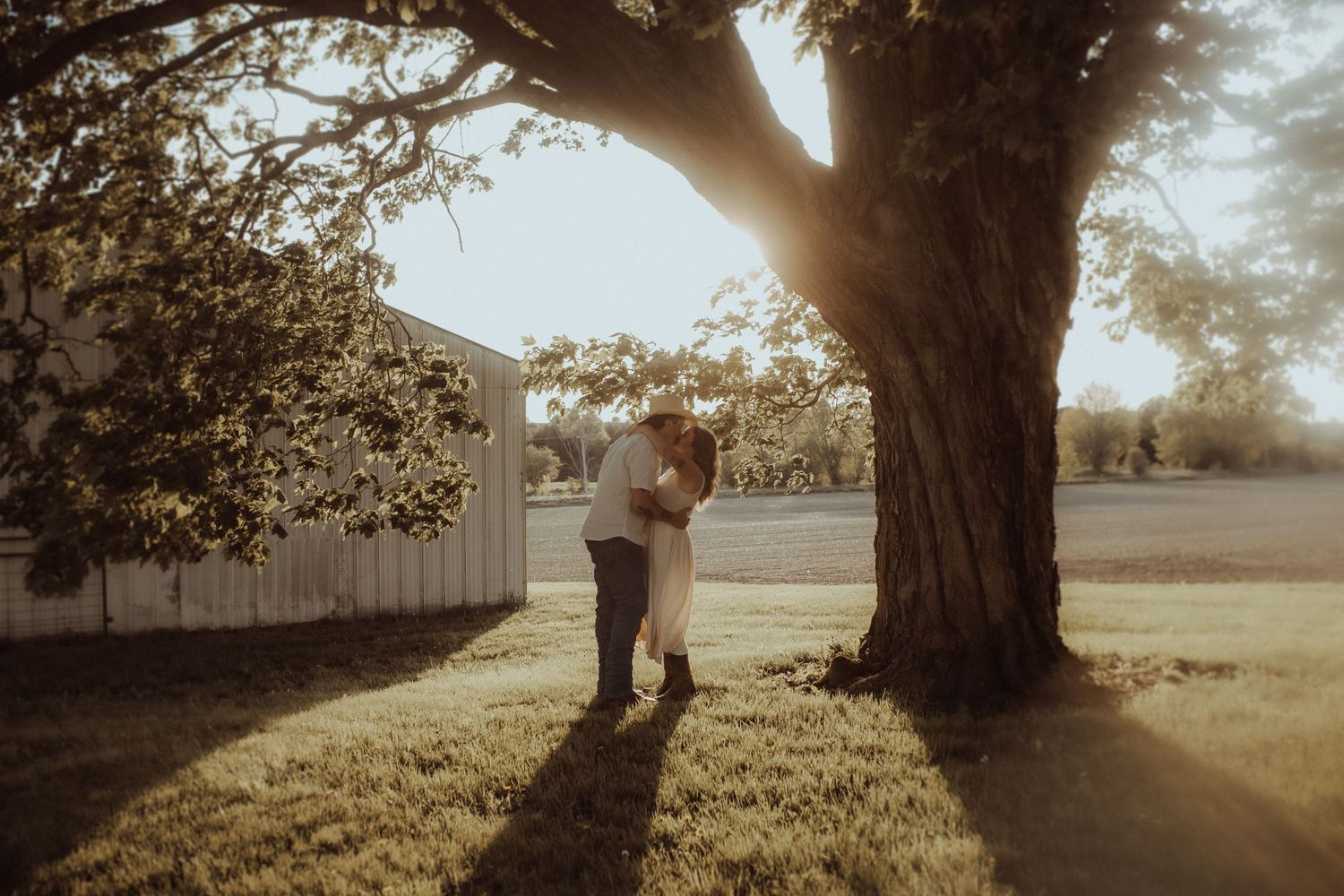 Couple on a farm framed by a tree and a barn sharing a sweet moment with the sunset behind them by family photographer Bowmanville, ON