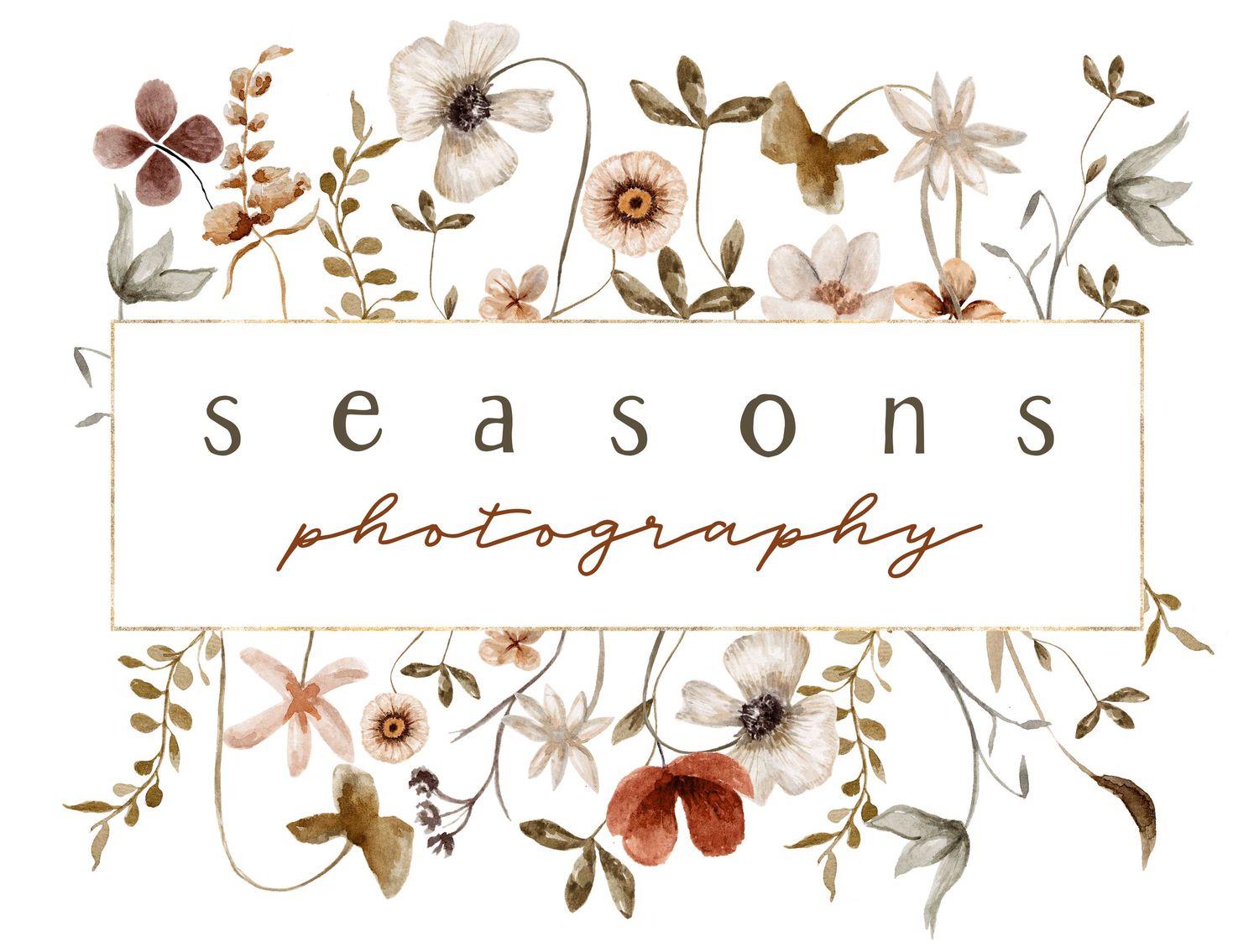 Elegant photography logo design with delicate watercolor floral elements and butterflies in muted earth tones.