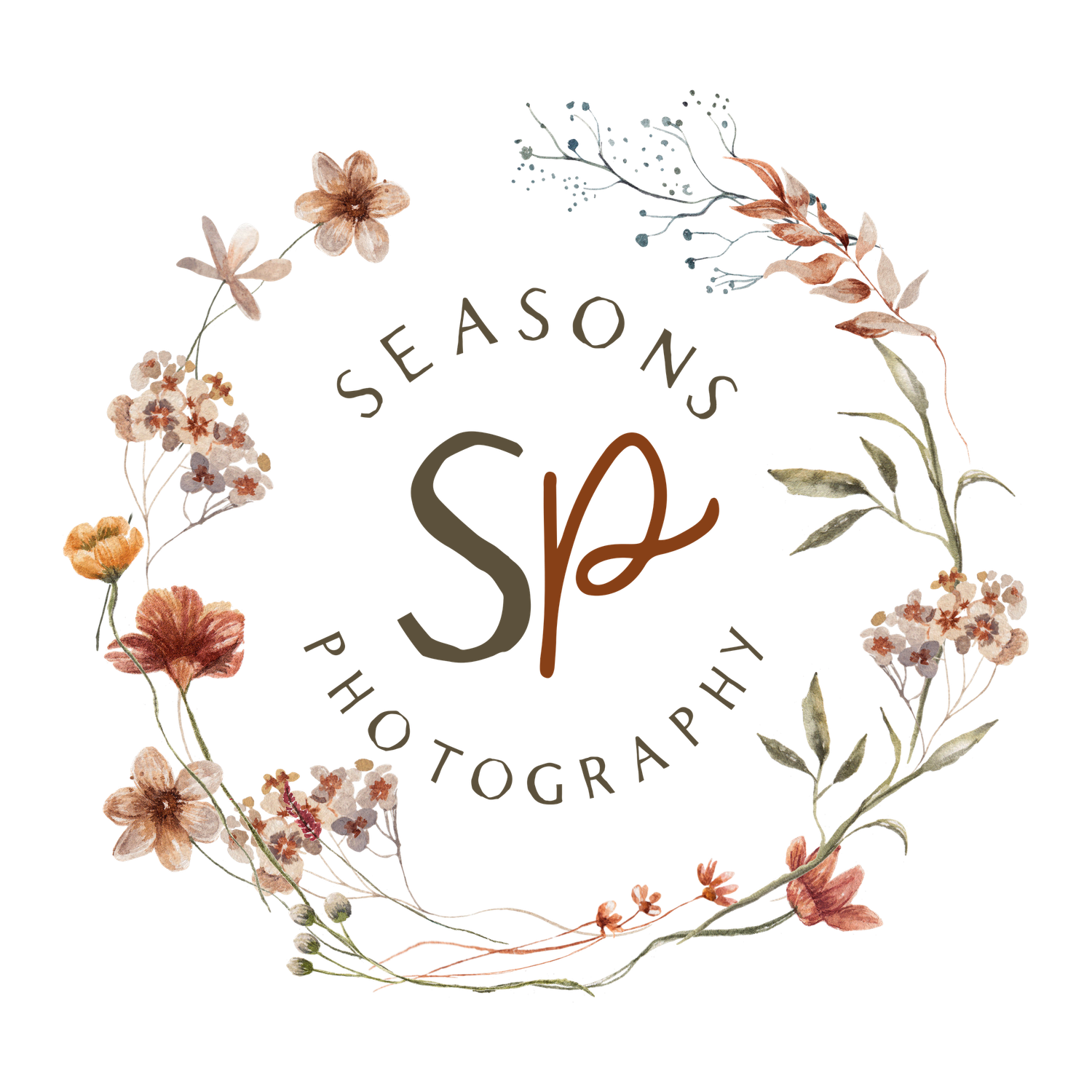 Elegant photography logo design with SP monogram surrounded by delicate watercolor floral wreath in brown and coral tones.