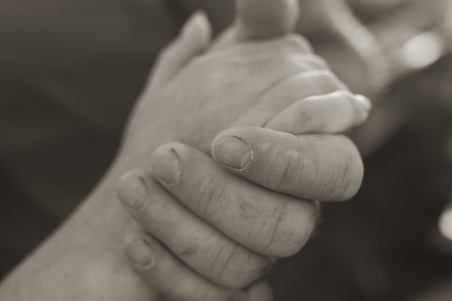 A black and white close-up image of a farmer holding his wife's hand by Durham Region family photographer