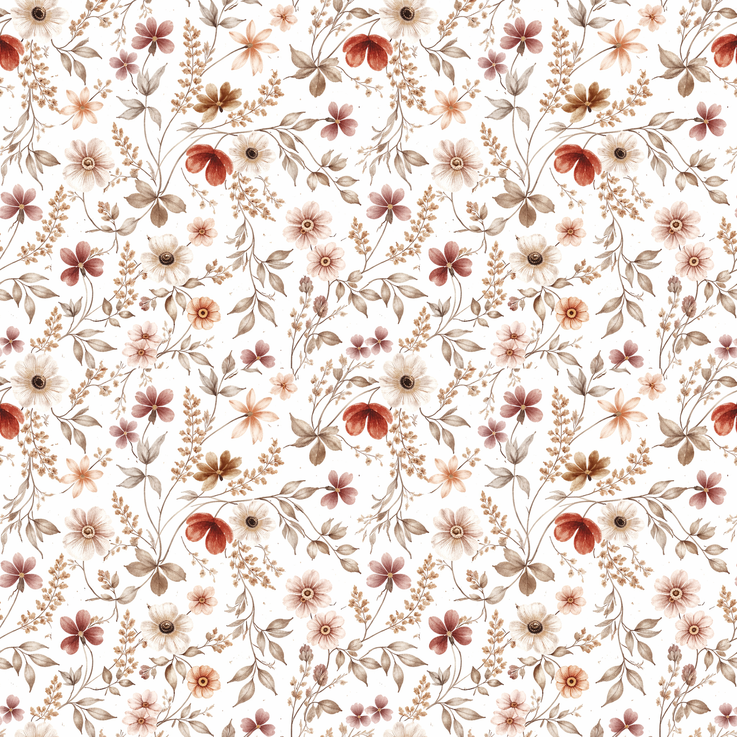 Delicate floral pattern with small red and brown flowers scattered on white background in vintage style.