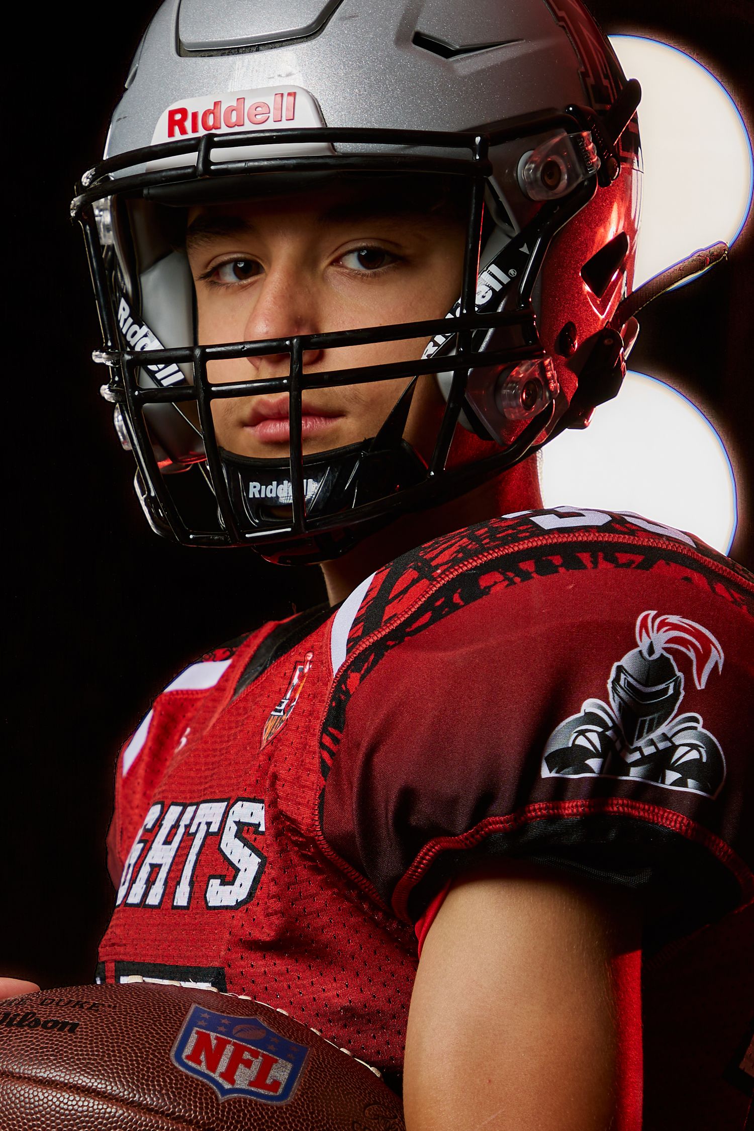 Multiple action shots of a football player in a red uniform wearing a Riddell helmet with dramatic dark background lighting.