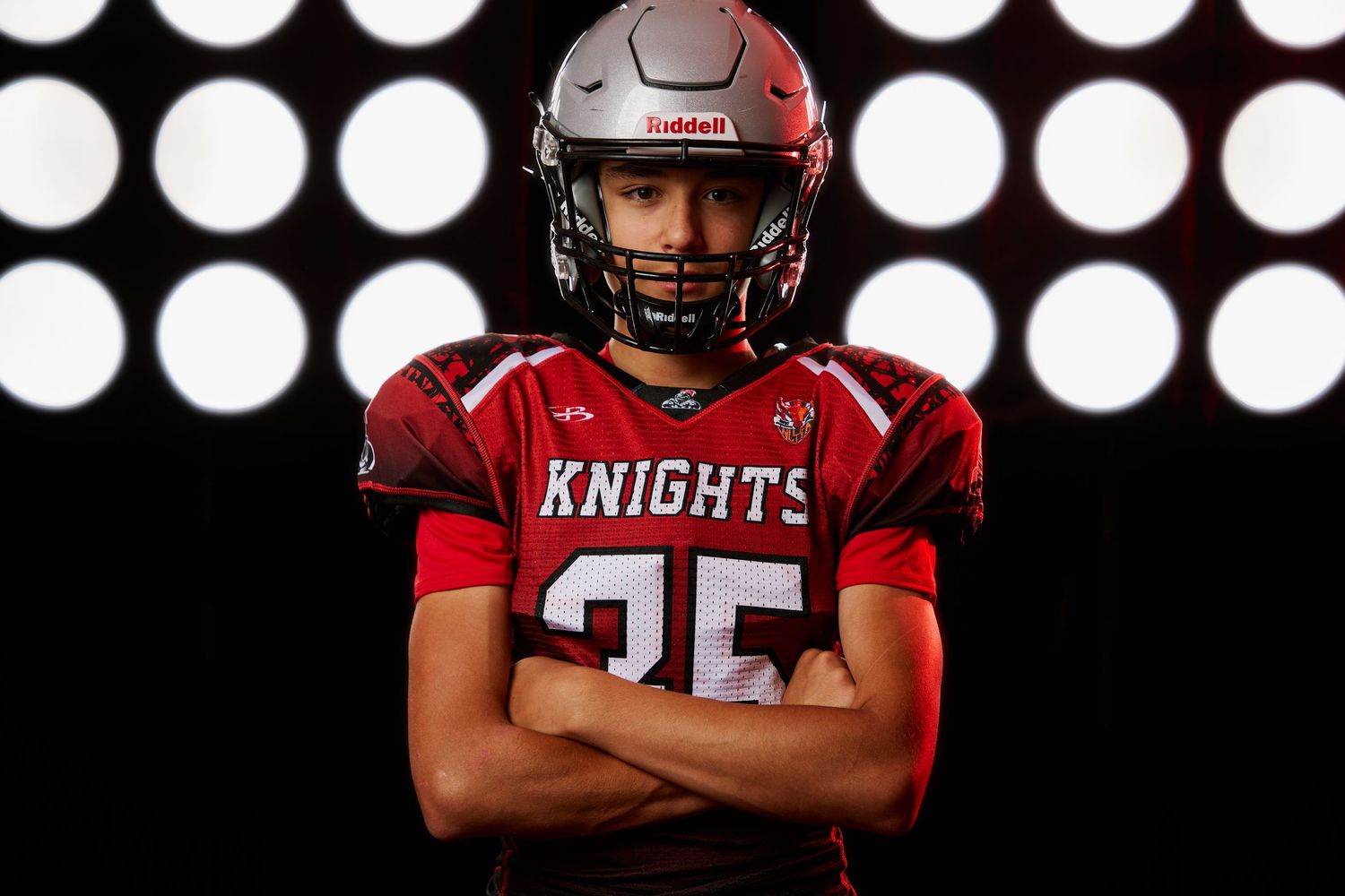 Collage of football players in red jerseys striking different poses against dark backgrounds with stadium lights.