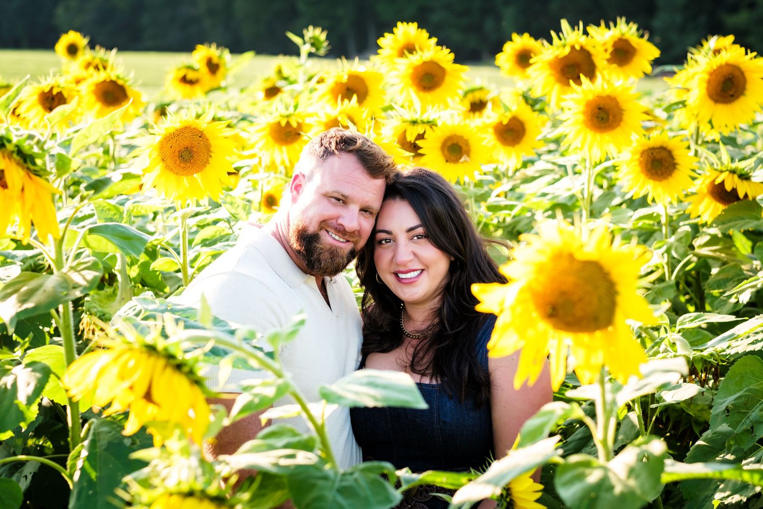 Couple smiling together in a vibrant sunflower field on a sunny day.
