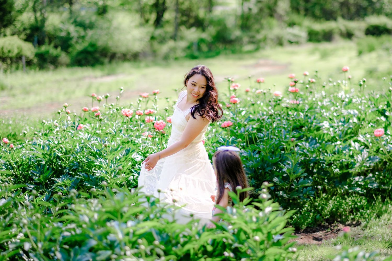 Woman in white dress picking flowers in a lush green garden filled with blooming pink peonies on a sunny day.