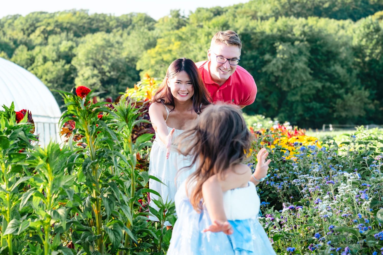 Family enjoying a sunny day among colorful flowers in a lush garden, with trees in the background.