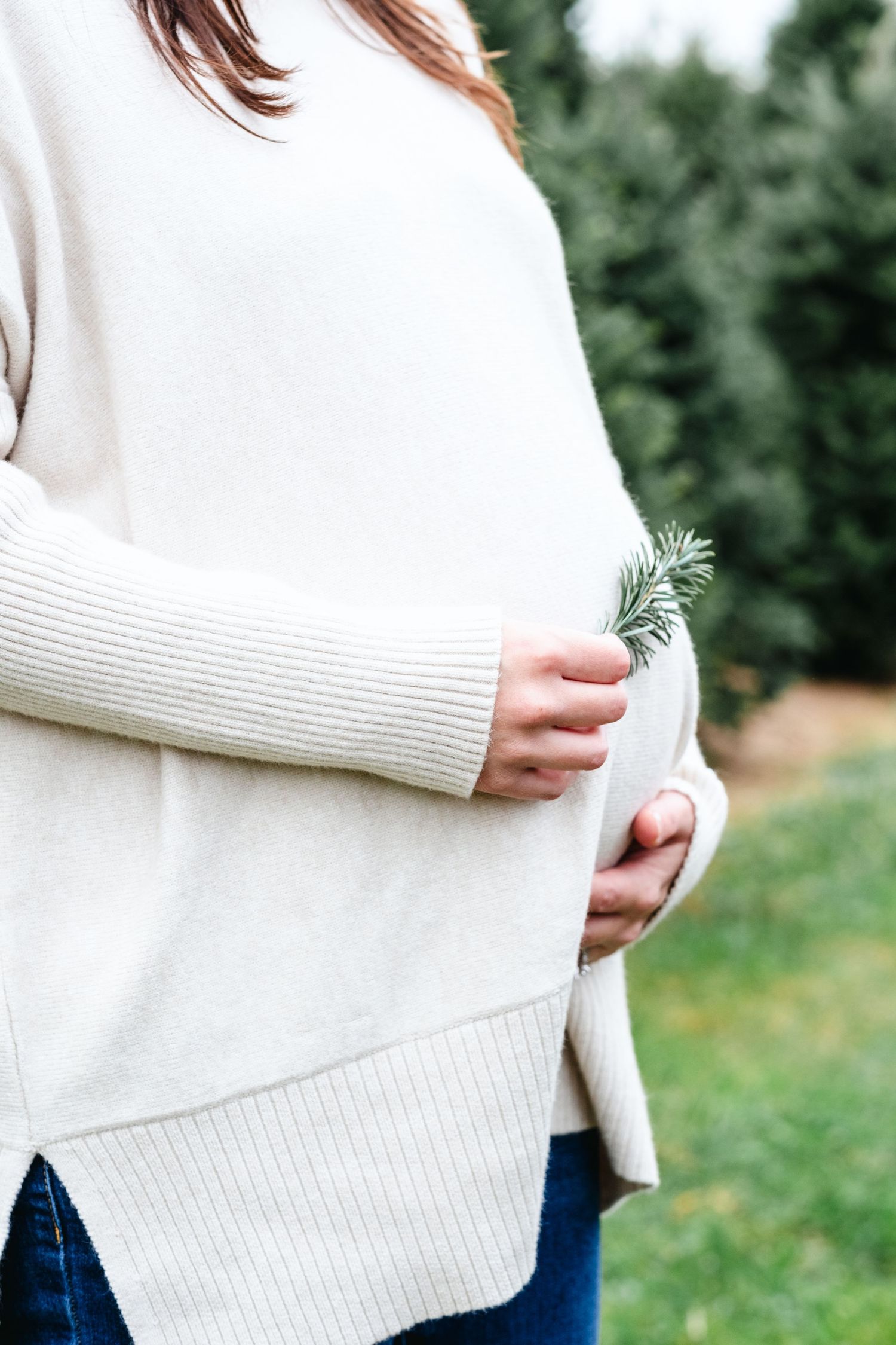 Pregnant woman in cream sweater holding pine sprig, cradling baby bump outdoors near evergreen trees.