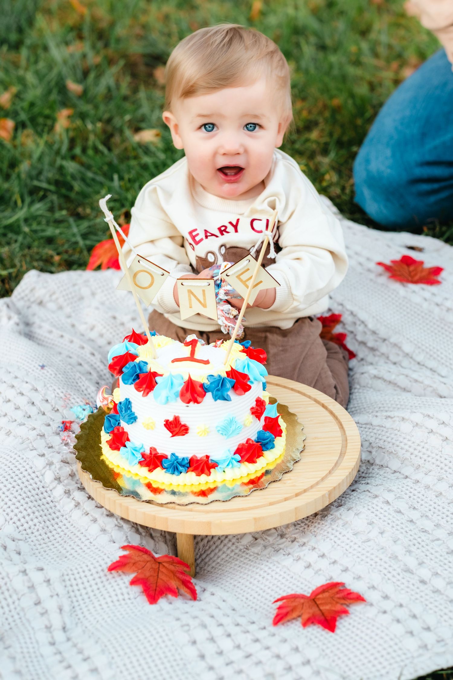 Smiling baby celebrates first birthday outdoors with colorful red and blue smash cake on white blanket with fall leaves.