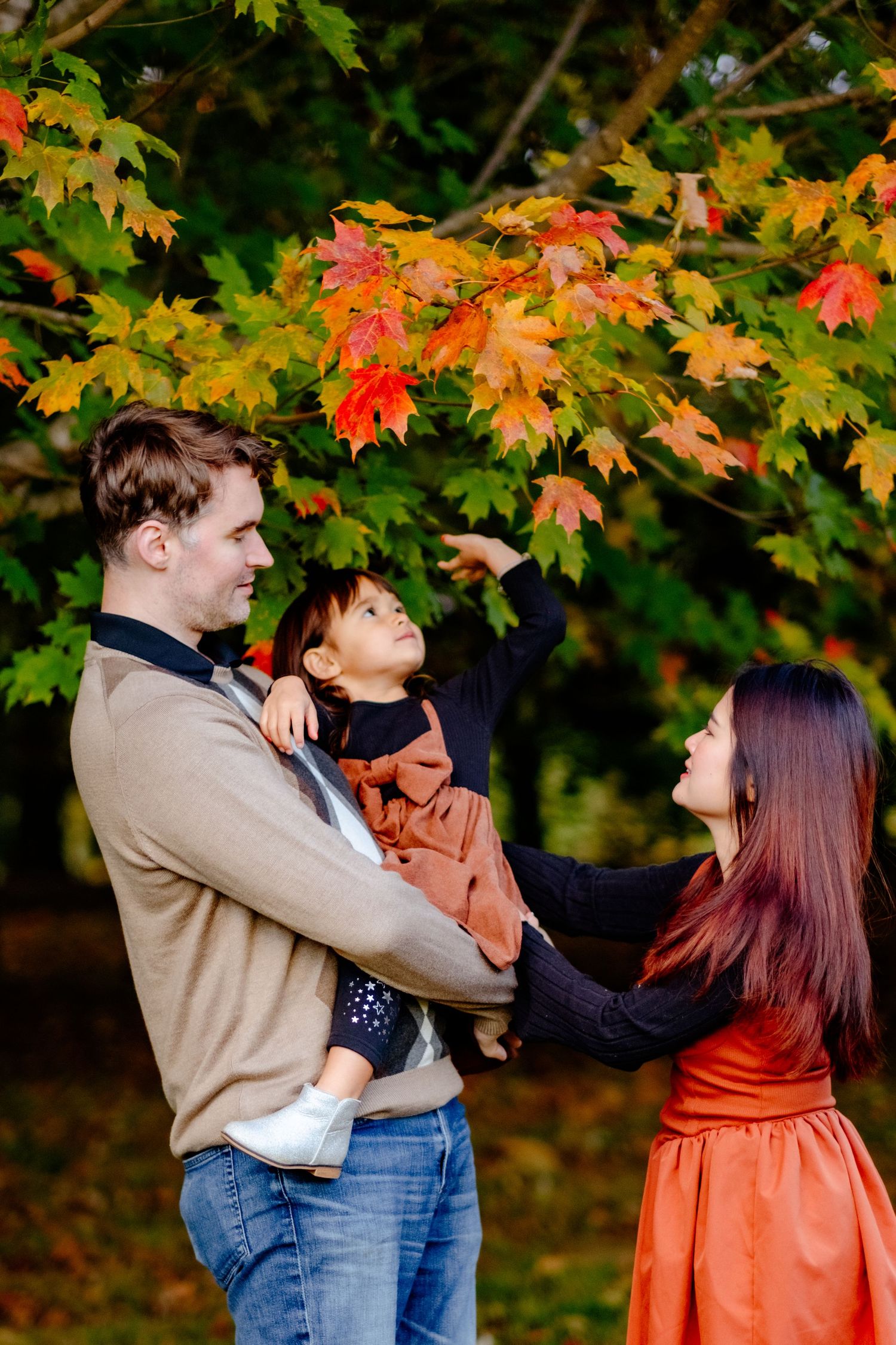 Family enjoying autumn park, father holding toddler pointing at colorful maple leaves, mother in red dress smiling.