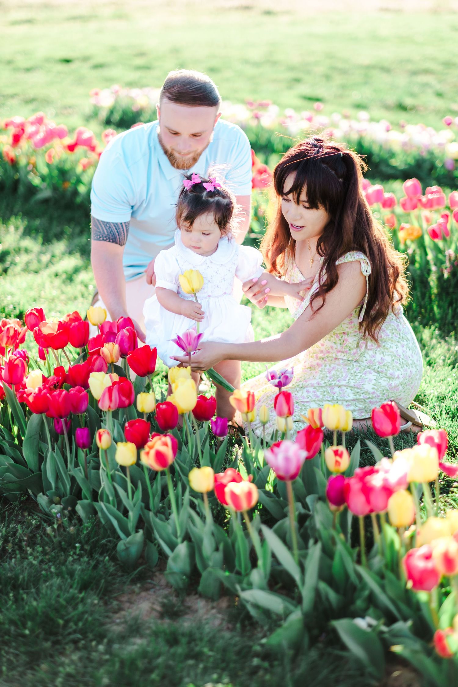 Family with baby girl exploring colorful tulip field, parents helping toddler touch red and yellow tulips outdoors.