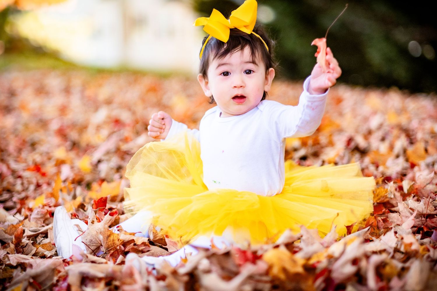 A baby girl in a yellow tutu and bow headband sits among autumn leaves in an outdoor fall photo session.