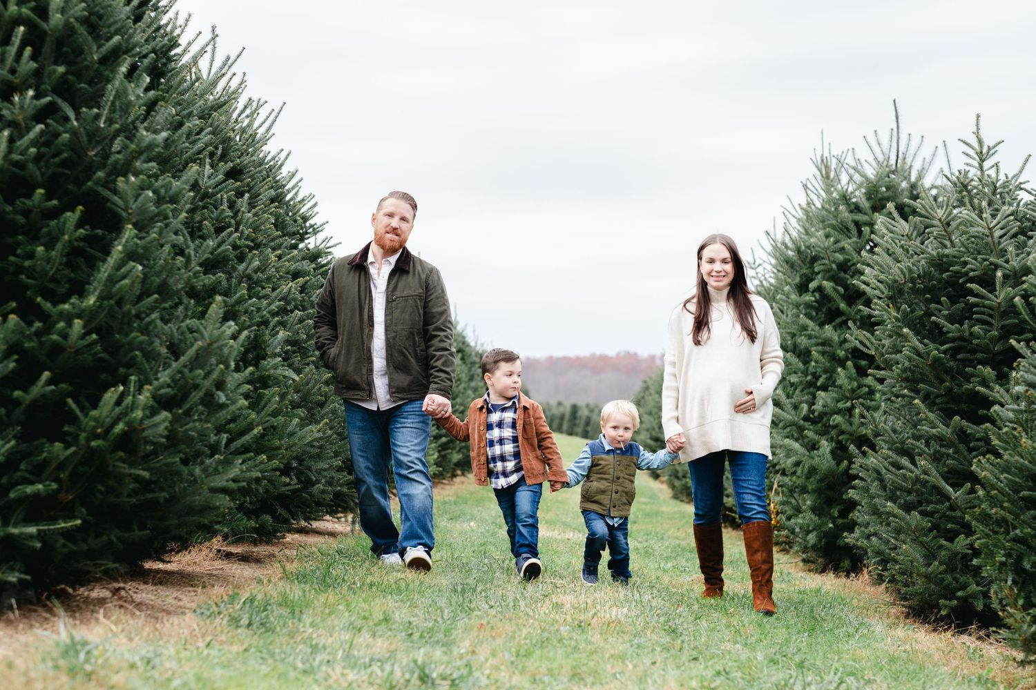Family of four walking through Christmas tree farm, parents holding hands with two young boys in festive fall outfits.