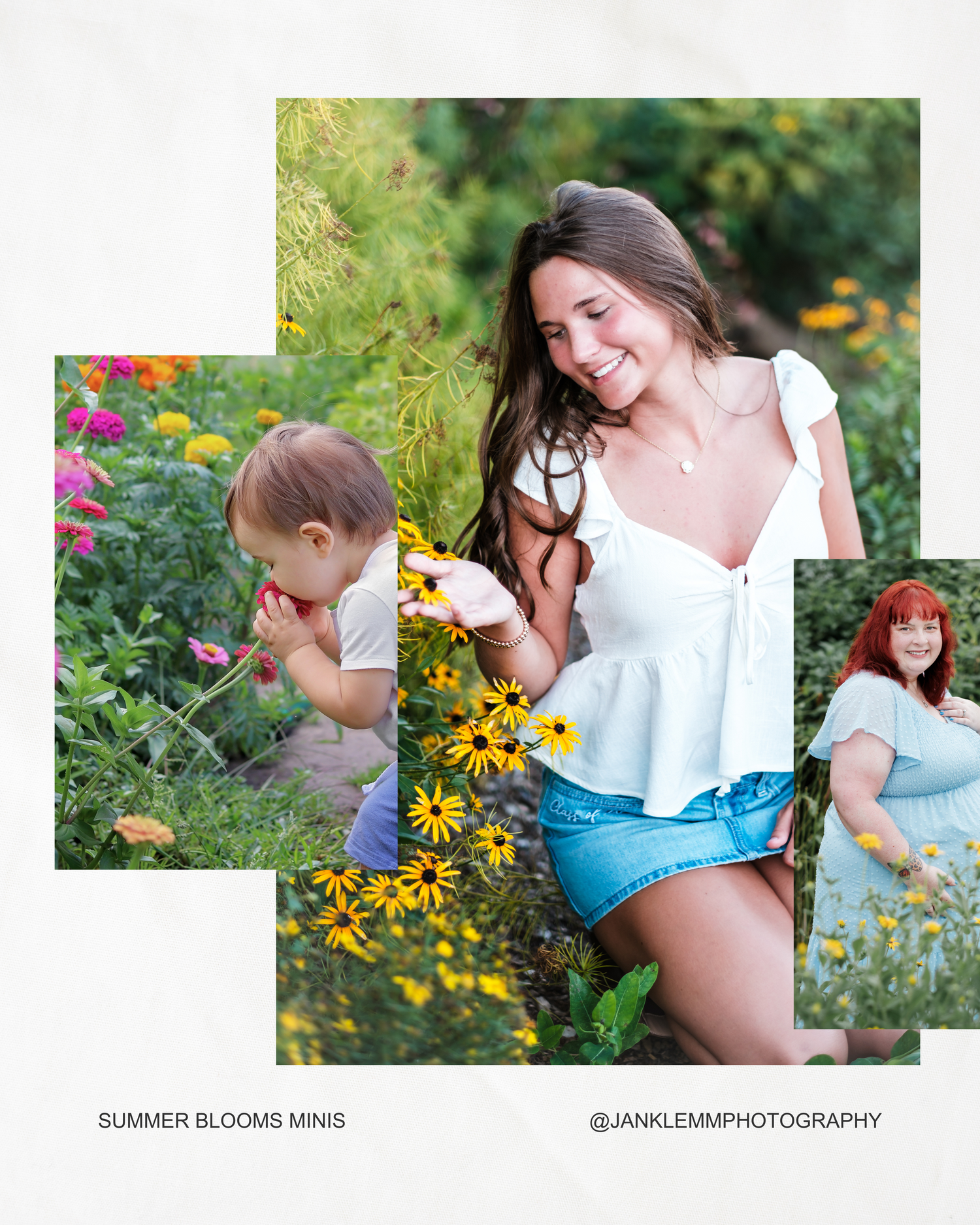 Three women pose among vibrant summer wildflowers in a lush garden for Summer Blooms Minis photography session.