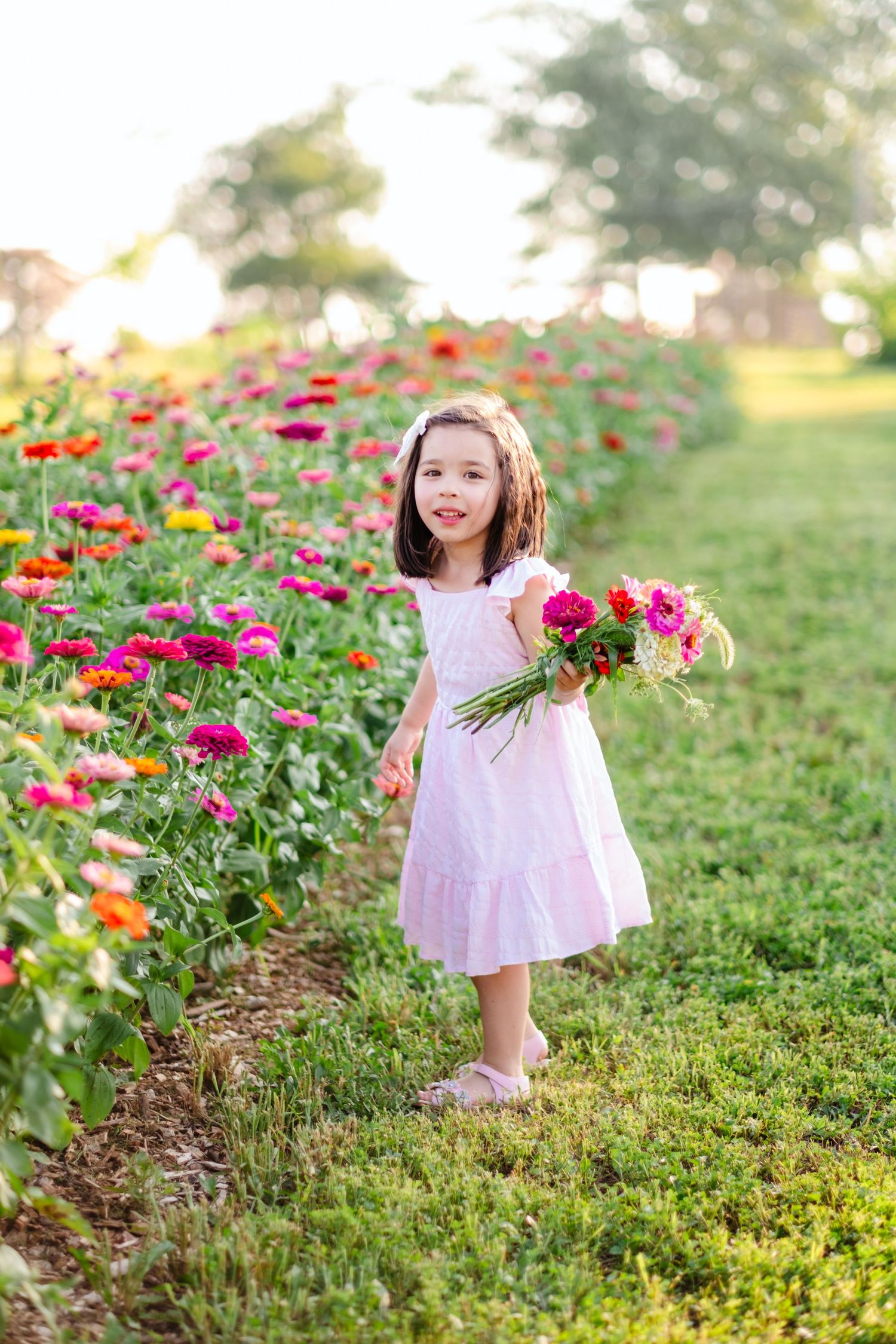 Young girl in white dress holding colorful bouquet in vibrant zinnia flower field during golden hour.