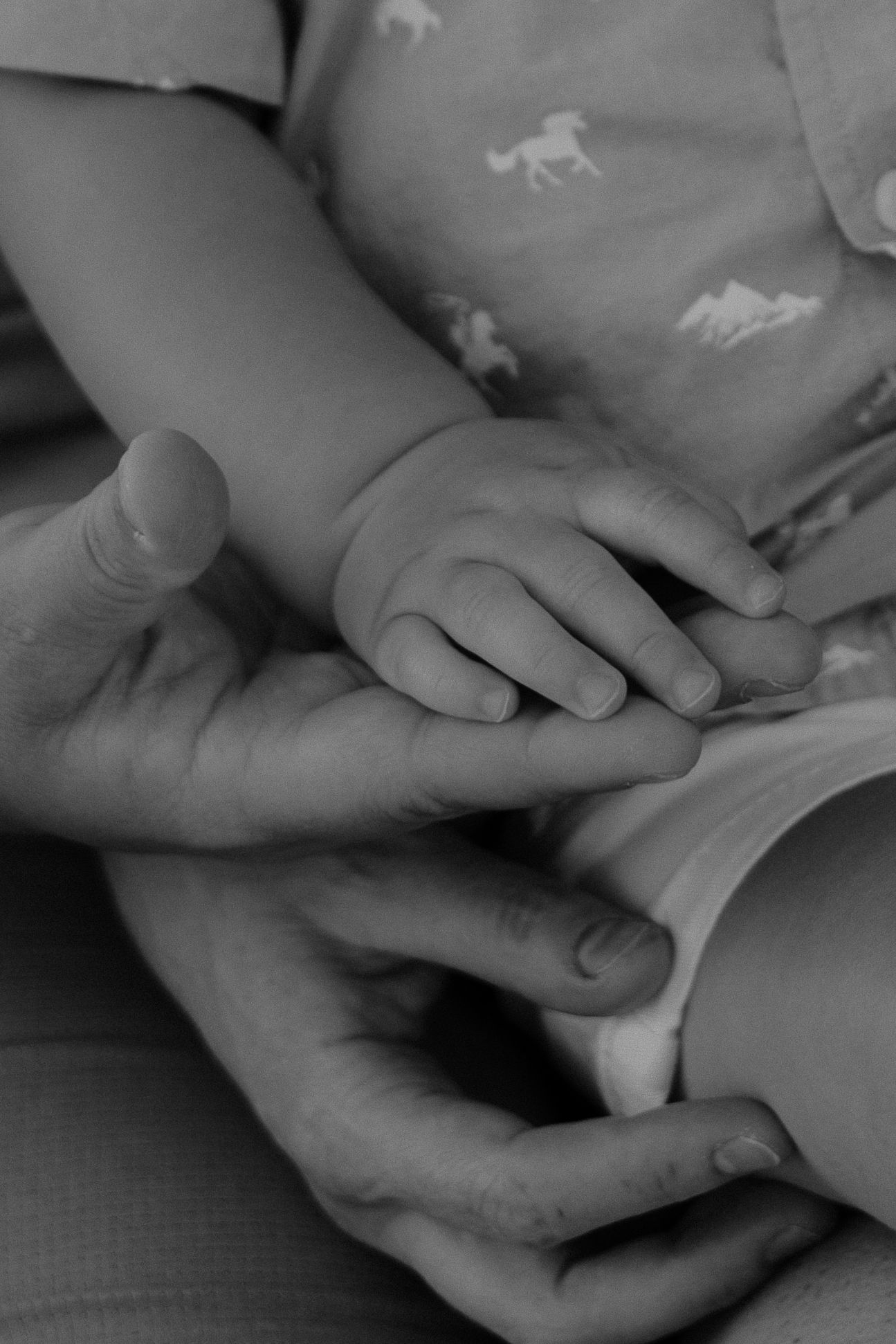 Black and white photo of a newborn baby's tiny hand resting gently on an adult's hand.