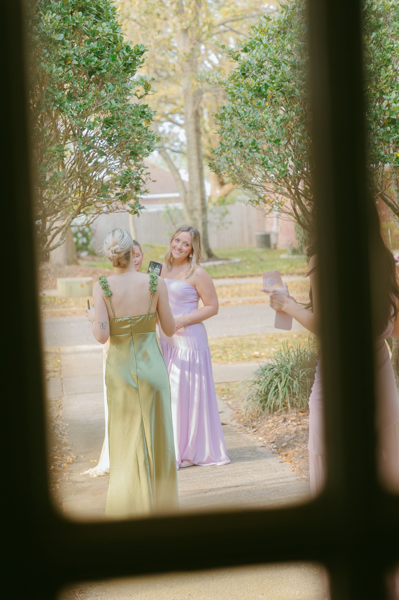 Women in elegant pastel green and lavender gowns socializing outdoors, photographed through decorative iron gates.