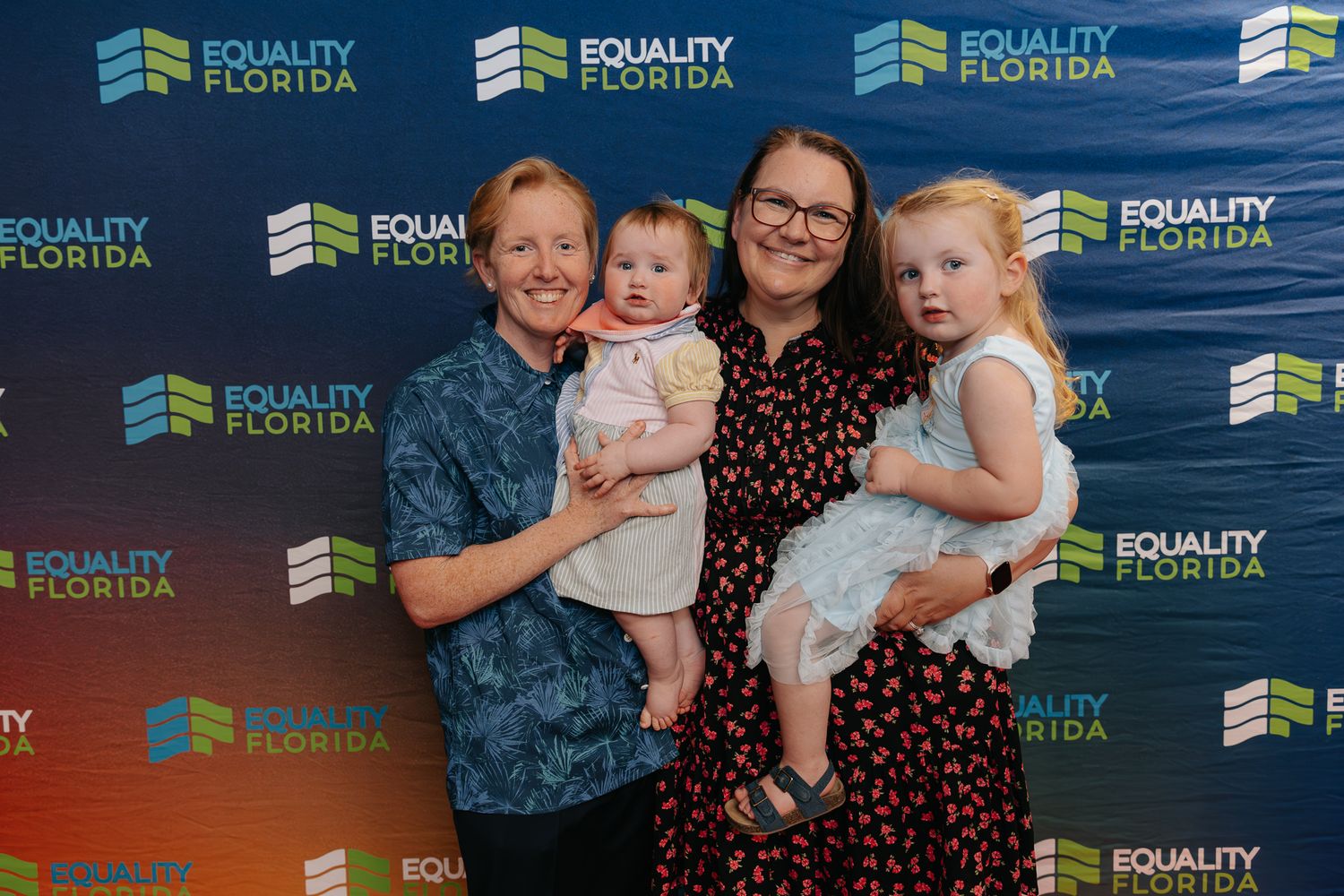 A series of photo booth style images showing people posing in front of an Equality Florida branded backdrop at an event.