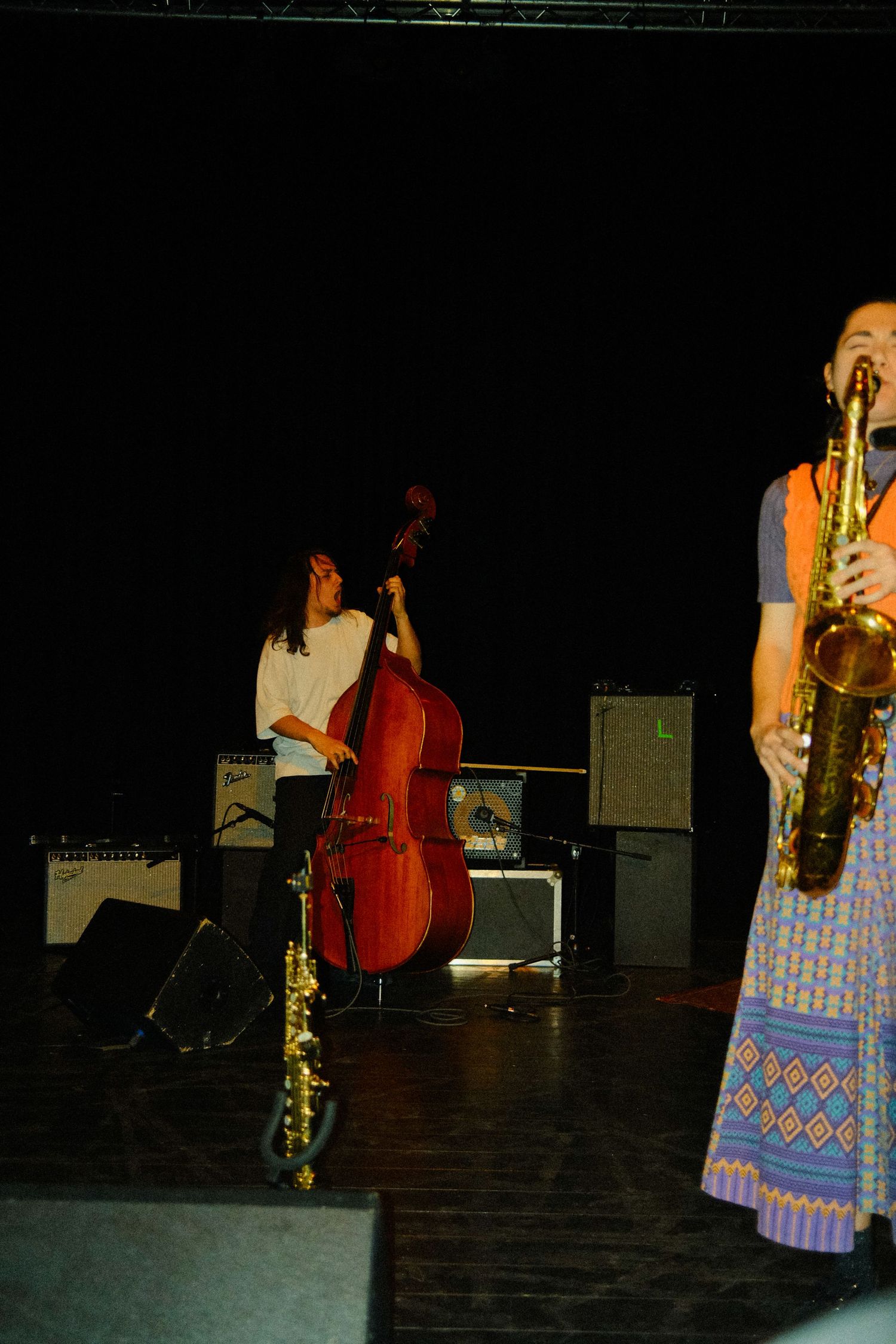 un contrebassiste et une saxophoniste jouent de leur instrument sur scene