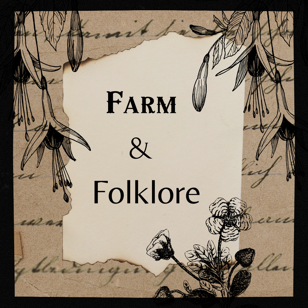 Farm and Folklore text on vintage paper with black ink botanical floral illustrations.