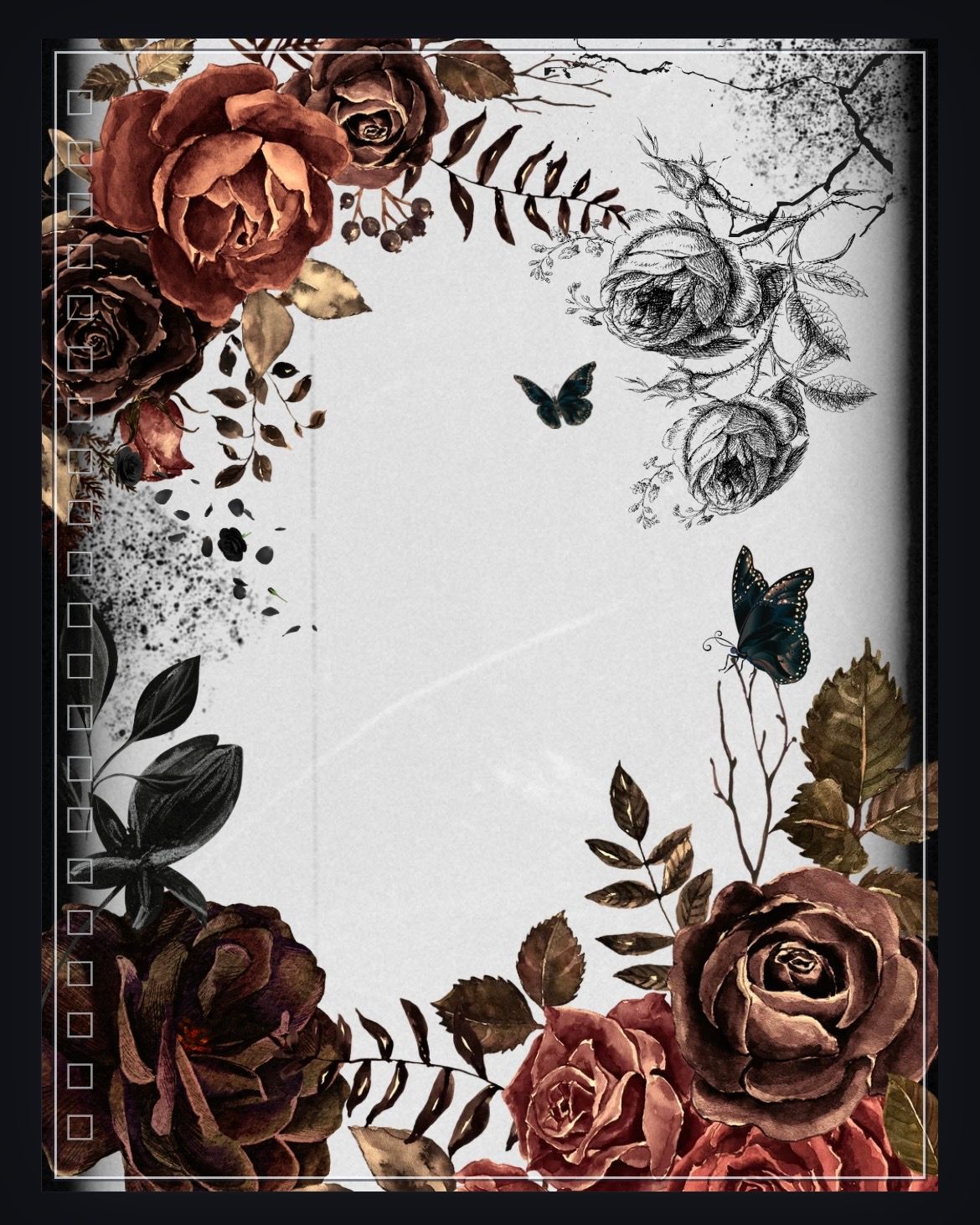 Gothic floral journal cover with deep red roses and black butterflies on a white distressed background.