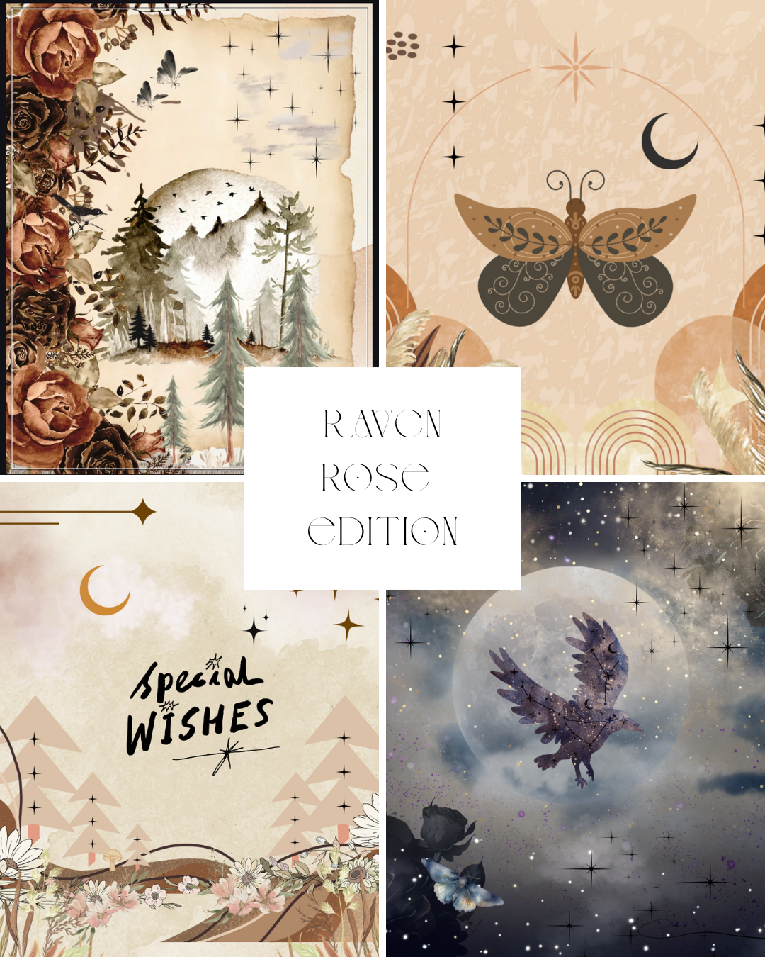 Raven Rose Edition collage of cover designs featuring boho floral art, moth, eagle moon, and special wishes.