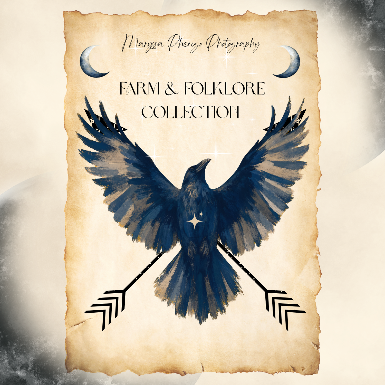 Farm and Folklore Collection logo featuring a dark raven with spread wings and crossed arrows on parchment.