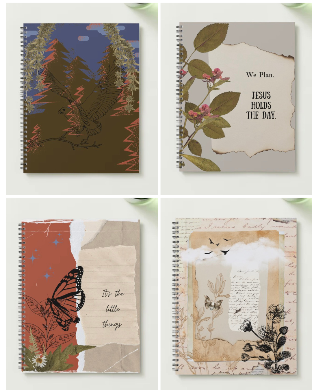 Farm edition of Four spiral journals featuring nature-themed covers with botanical illustrations and inspirational text.