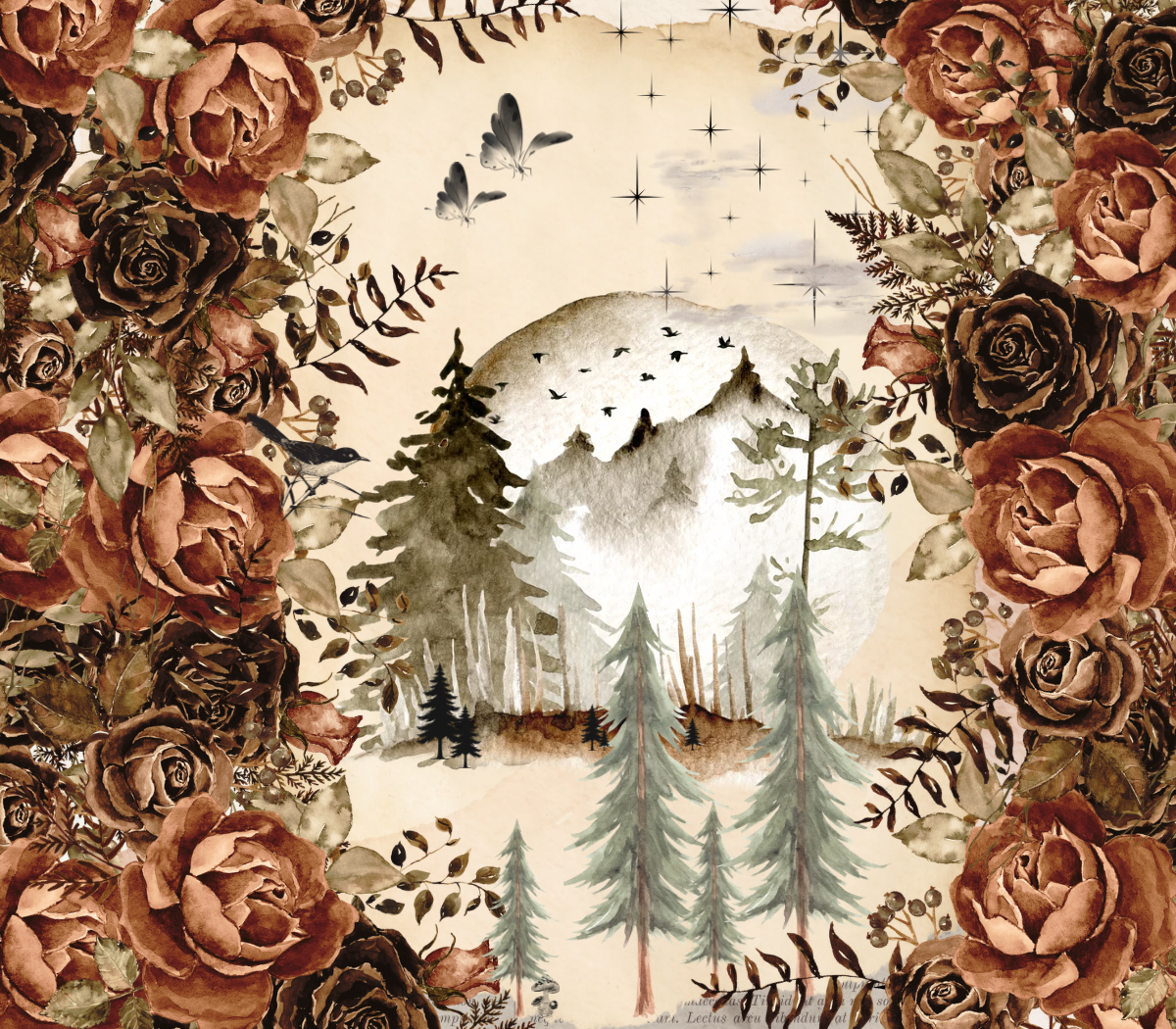 Sticker example of Watercolor forest scene framed by rustic brown roses, pine trees, and butterflies on beige background.