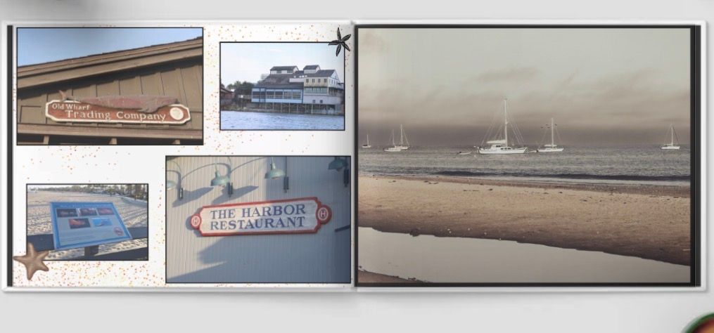 Example of Photobook layout featuring Harbor Restaurant sign and coastal beach photos with sailboats.